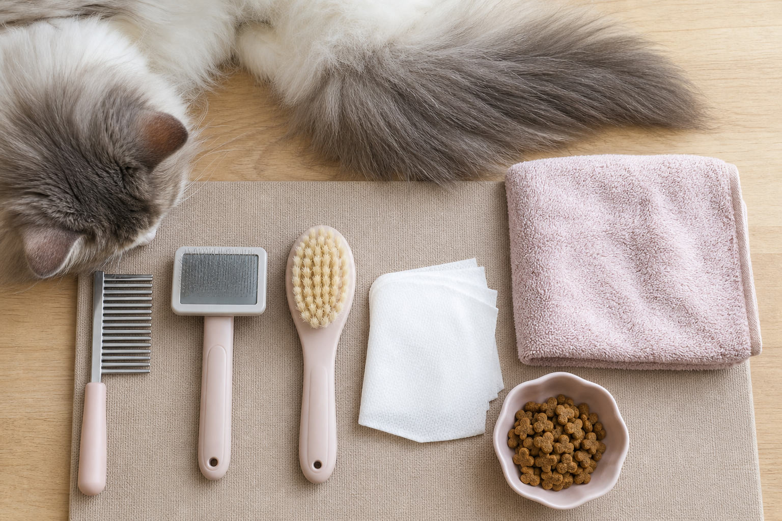 Wide-tooth comb, slicker brush, soft brush, towel, and treats arranged for longhaired cat grooming