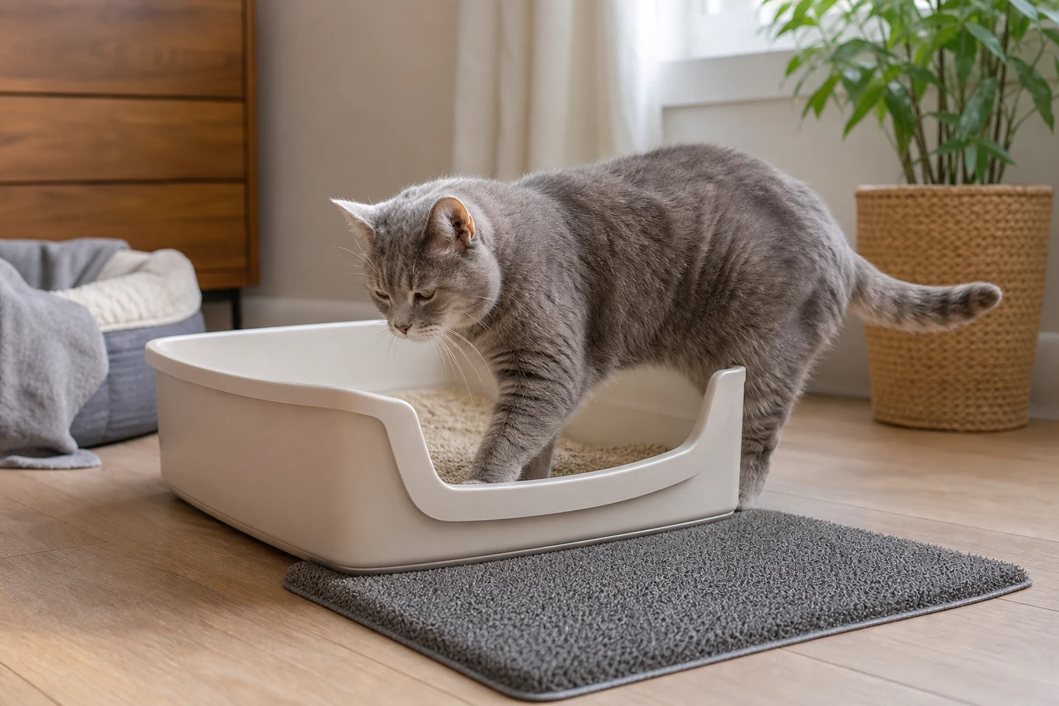 Senior cat using a large low-entry litter box