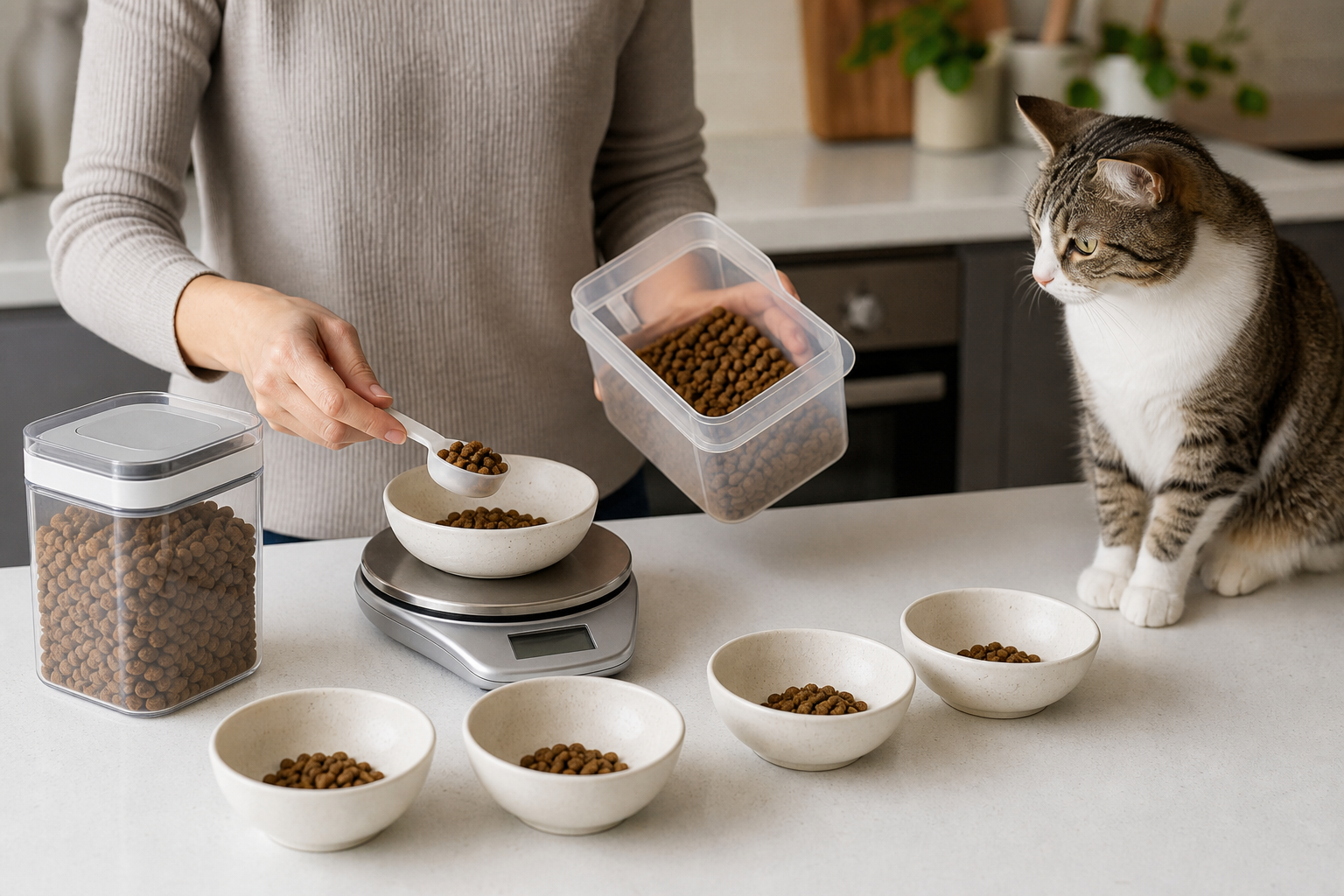 Cat food divided into several small measured portions on a kitchen scale while a calm cat watches nearby.