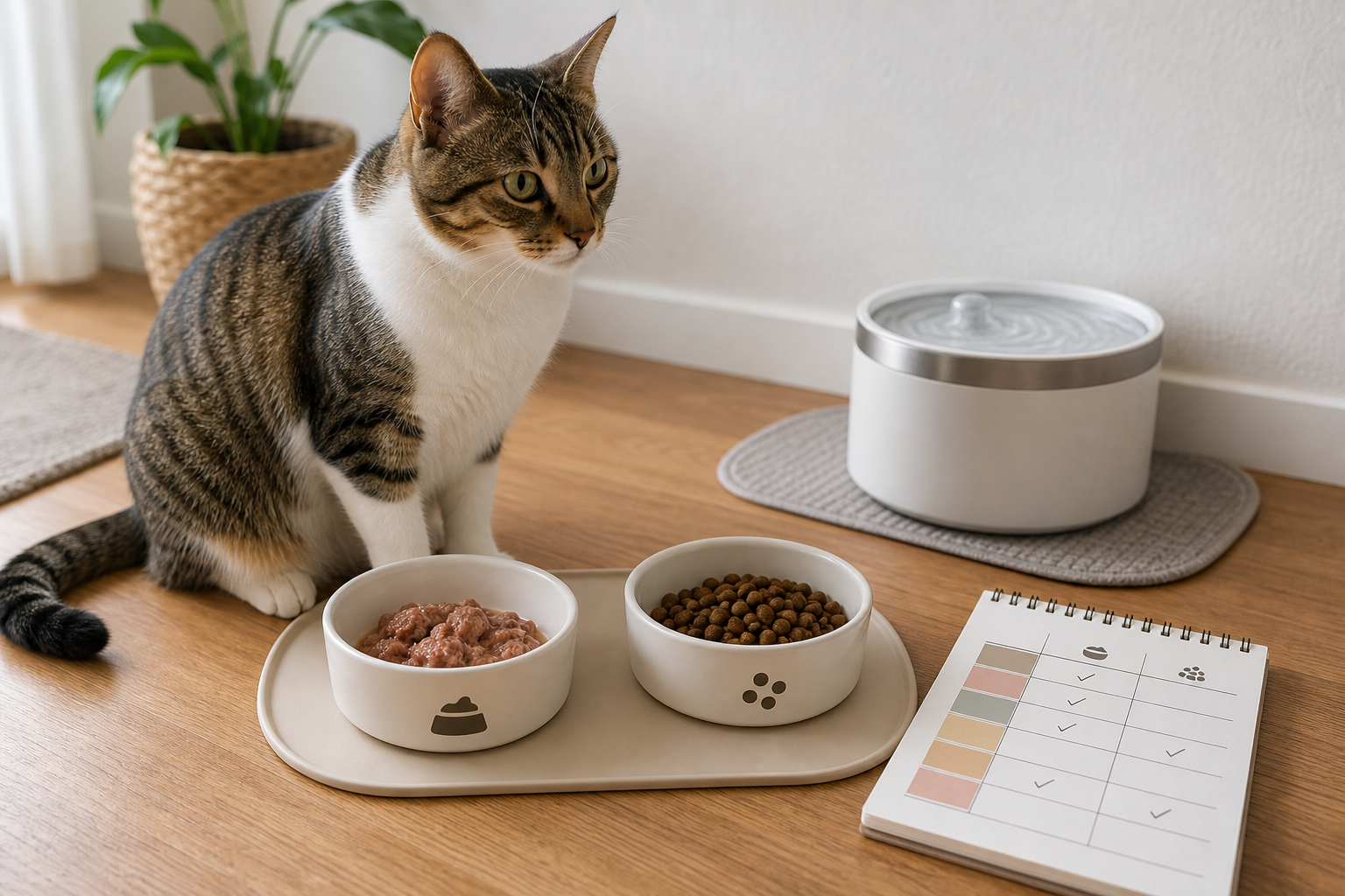 Cat beside a mixed feeding station with wet food, dry kibble, water, and a meal planning notebook.