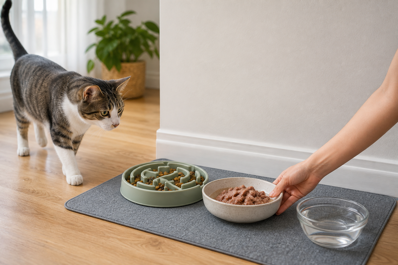 Cat approaching a mixed feeding station with wet food, a dry-food puzzle feeder, and water.