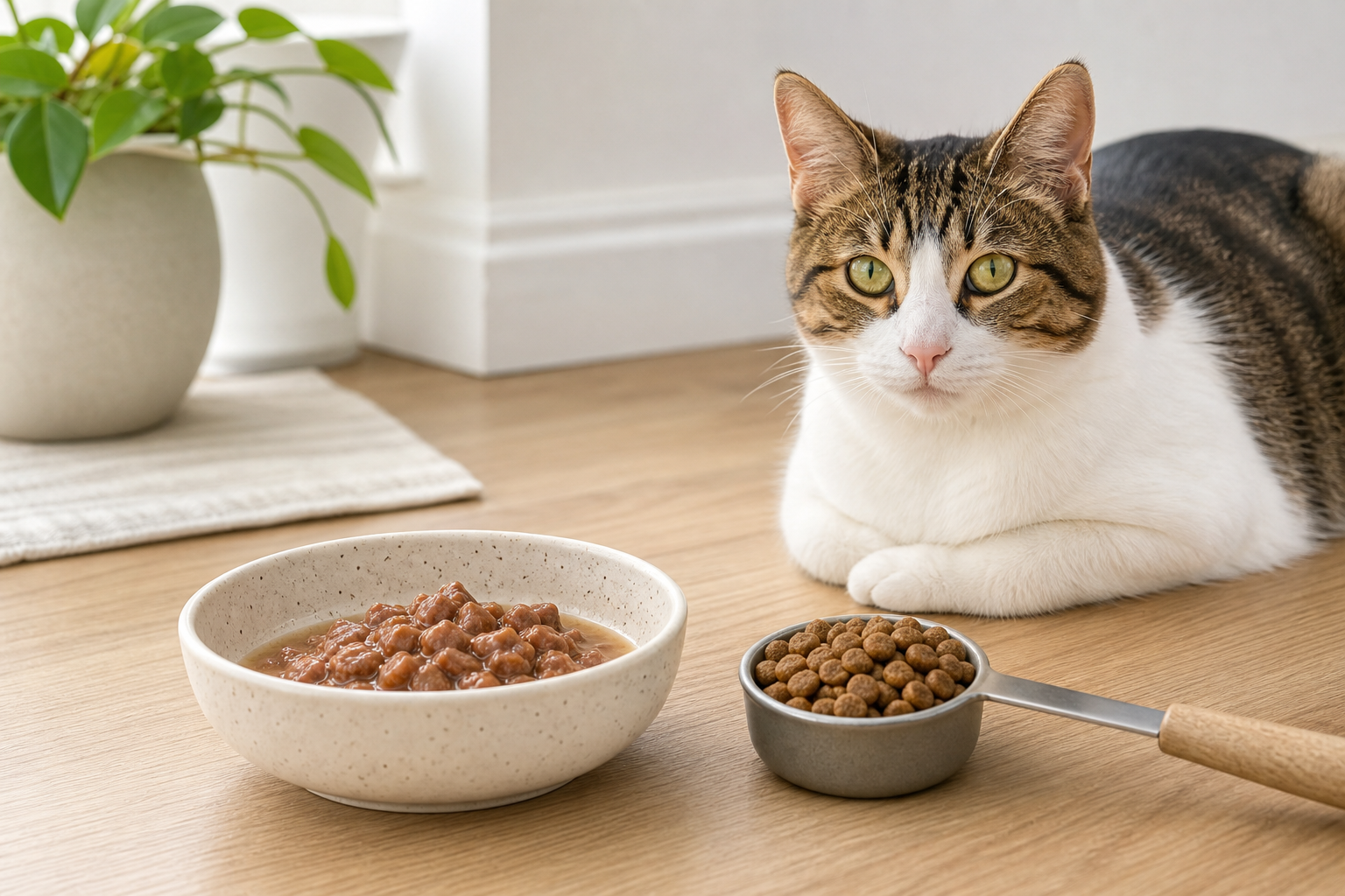 Healthy adult cat beside measured wet cat food, dry kibble, a measuring spoon, and a clean water bowl.
