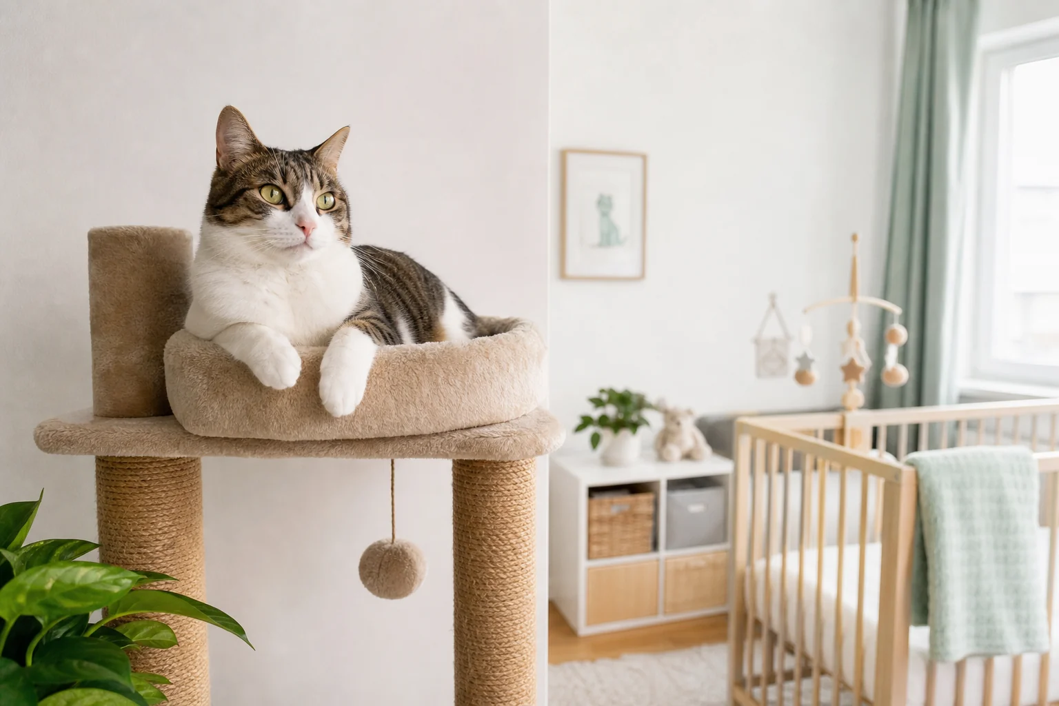 A relaxed tabby and white cat resting on a cat tree near a prepared nursery, showing a safe elevated cat space before a baby arrives.