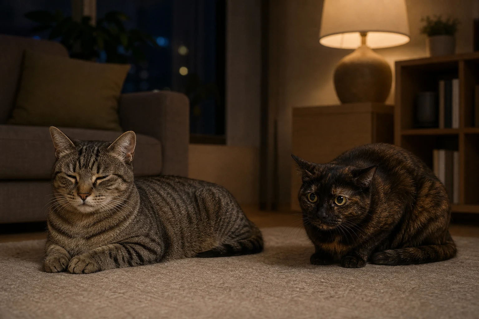 Two cats in a quiet room showing relaxed and mildly stressed nighttime body language.