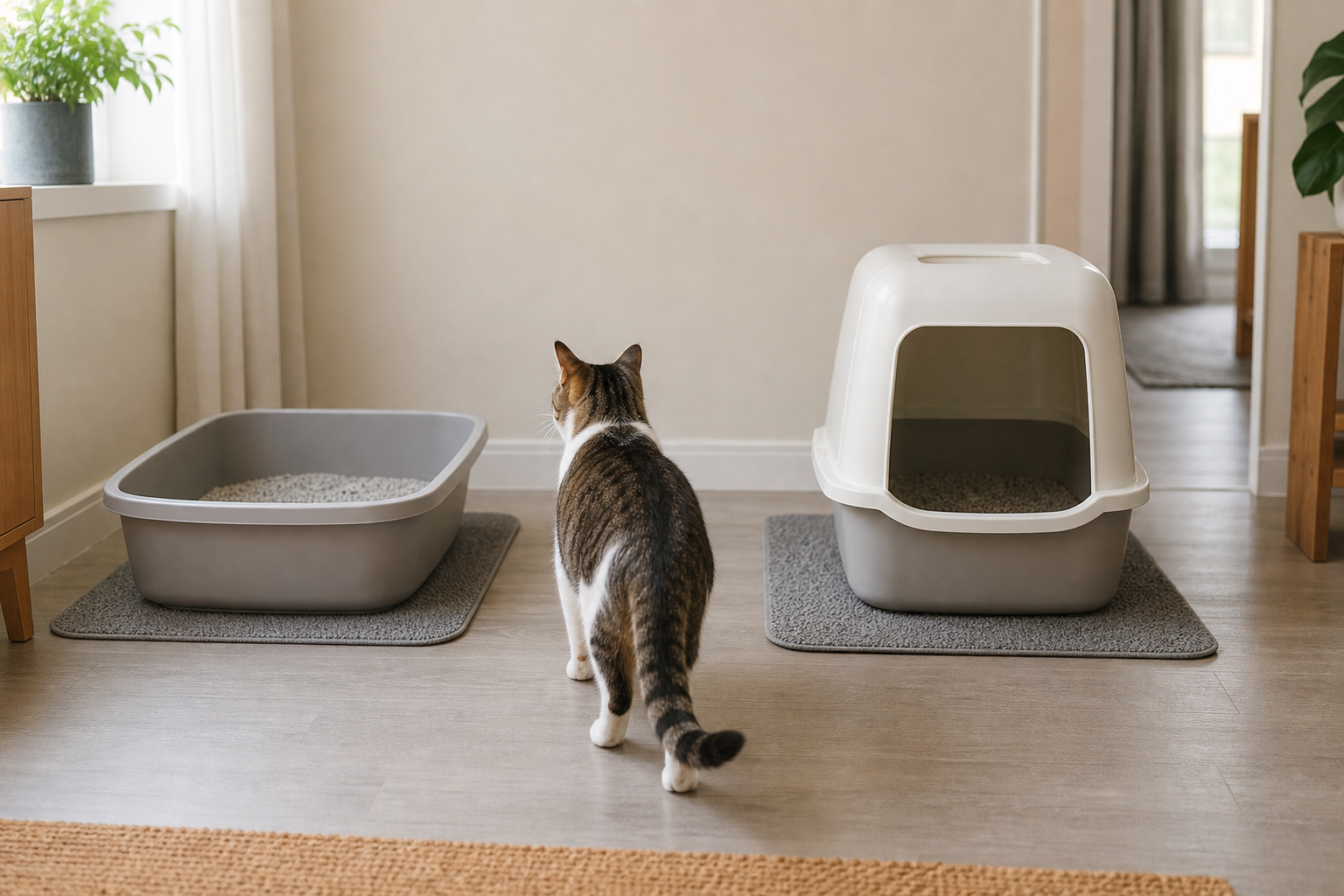 Cat choosing between a clean open litter box and a clean covered litter box