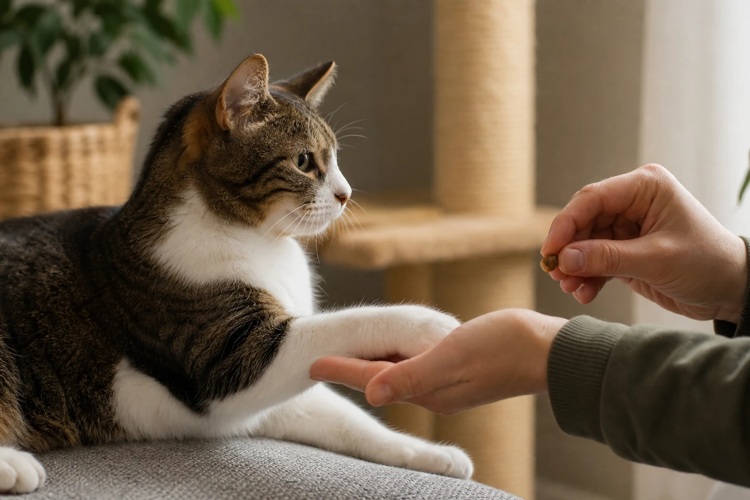 Relaxed cat voluntarily placing a paw in a caregiver's hand for a treat
