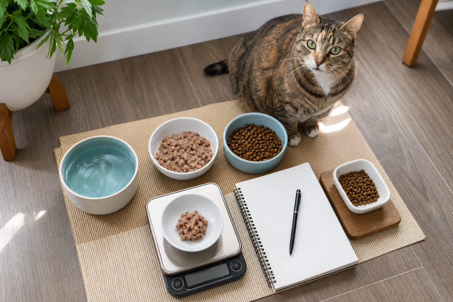 Measured wet food, dry kibble, water, and a notebook arranged as a practical cat feeding station.