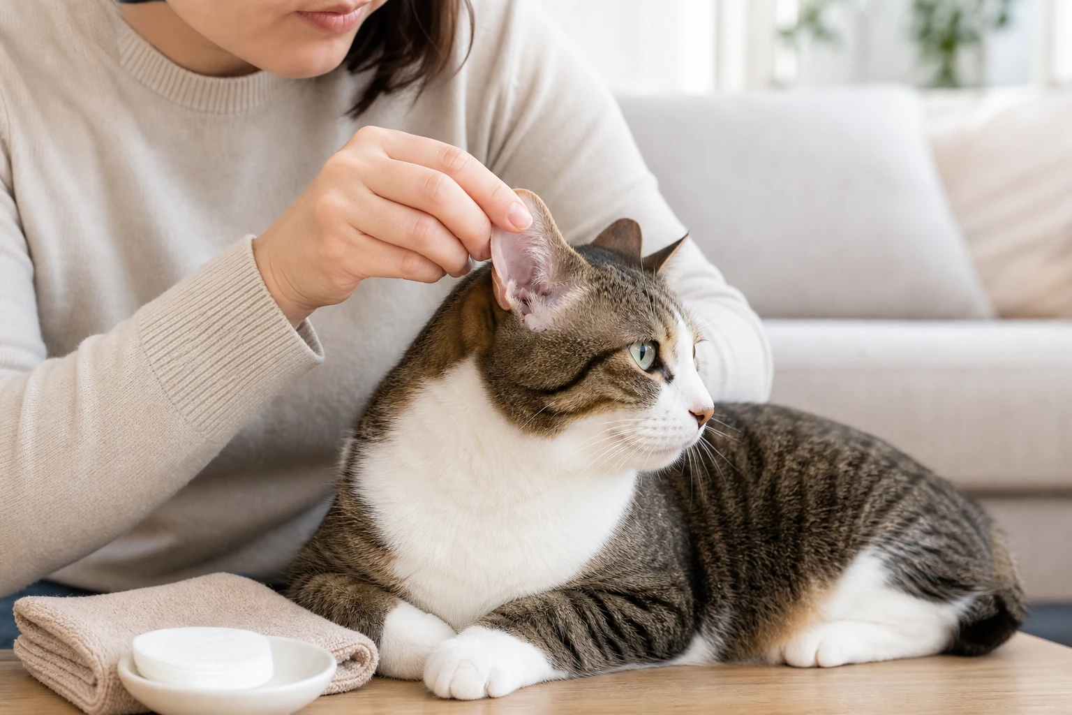 Caregiver gently lifting a cat's outer ear flap during a routine ear check