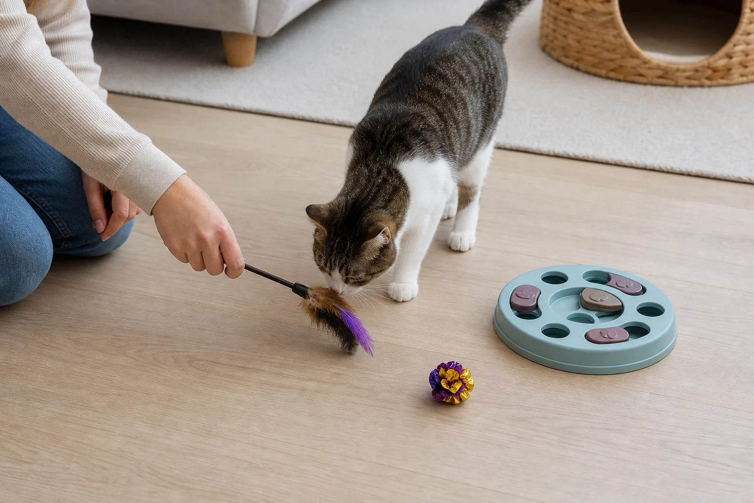 Cat investigating a wand toy beside a puzzle feeder and crinkle ball on a clean living room floor