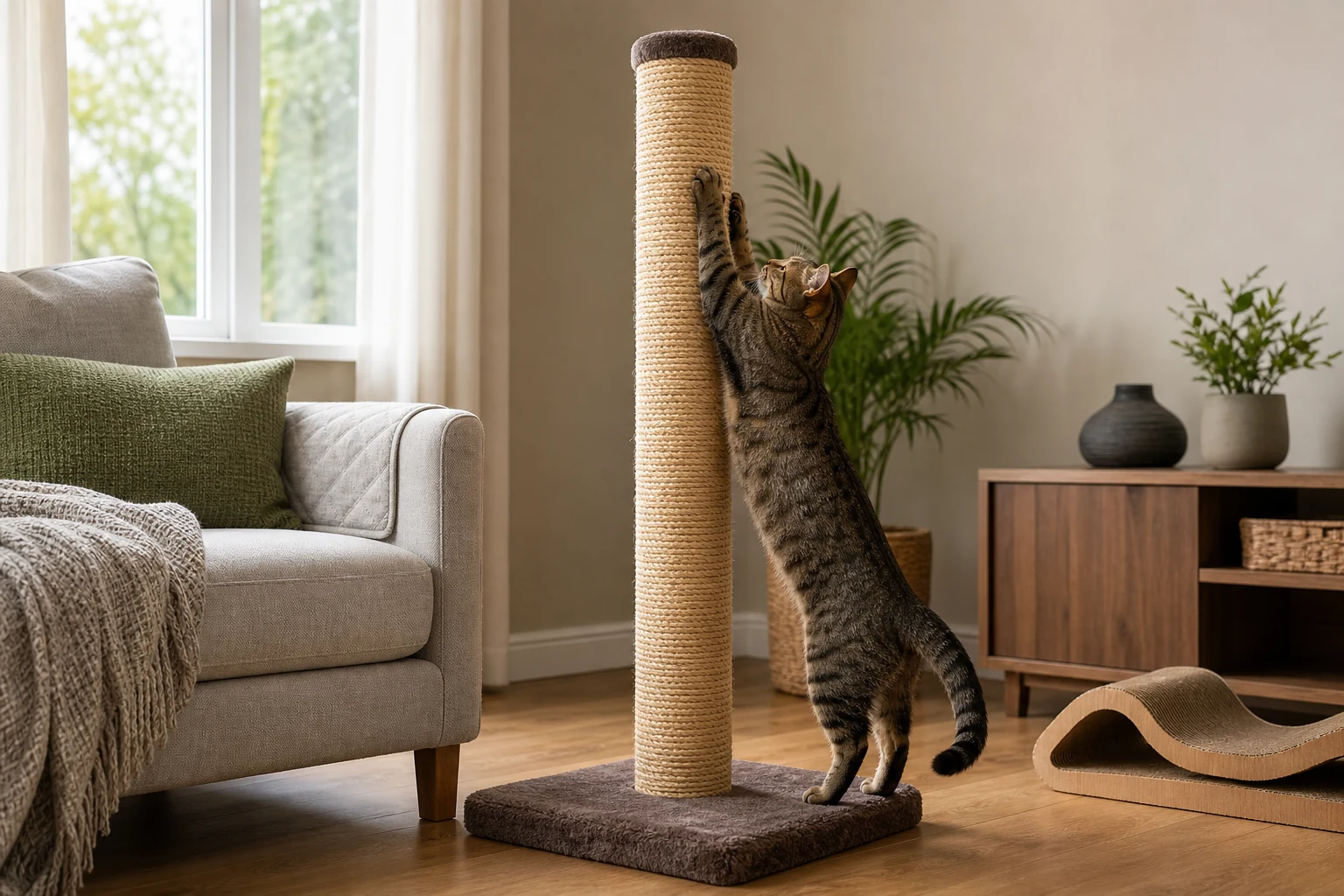 A tabby cat stretches fully on a tall sisal scratching post beside a sofa in a bright living room.