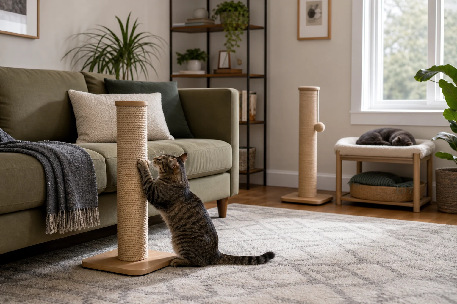 A cat using a scratching post placed near a sofa, with another post near a resting perch.