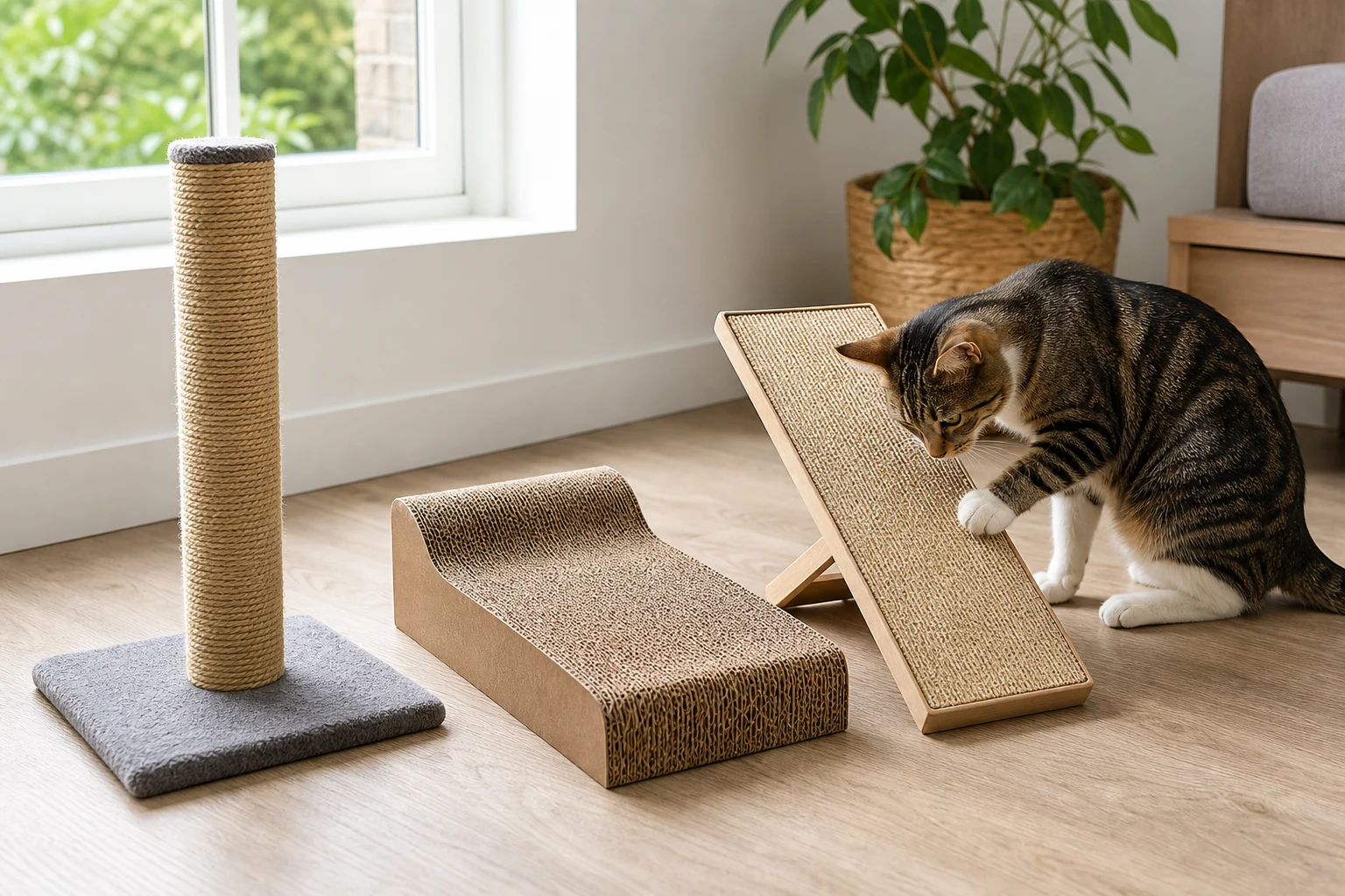 A cat comparing vertical, horizontal, and angled scratching surfaces.