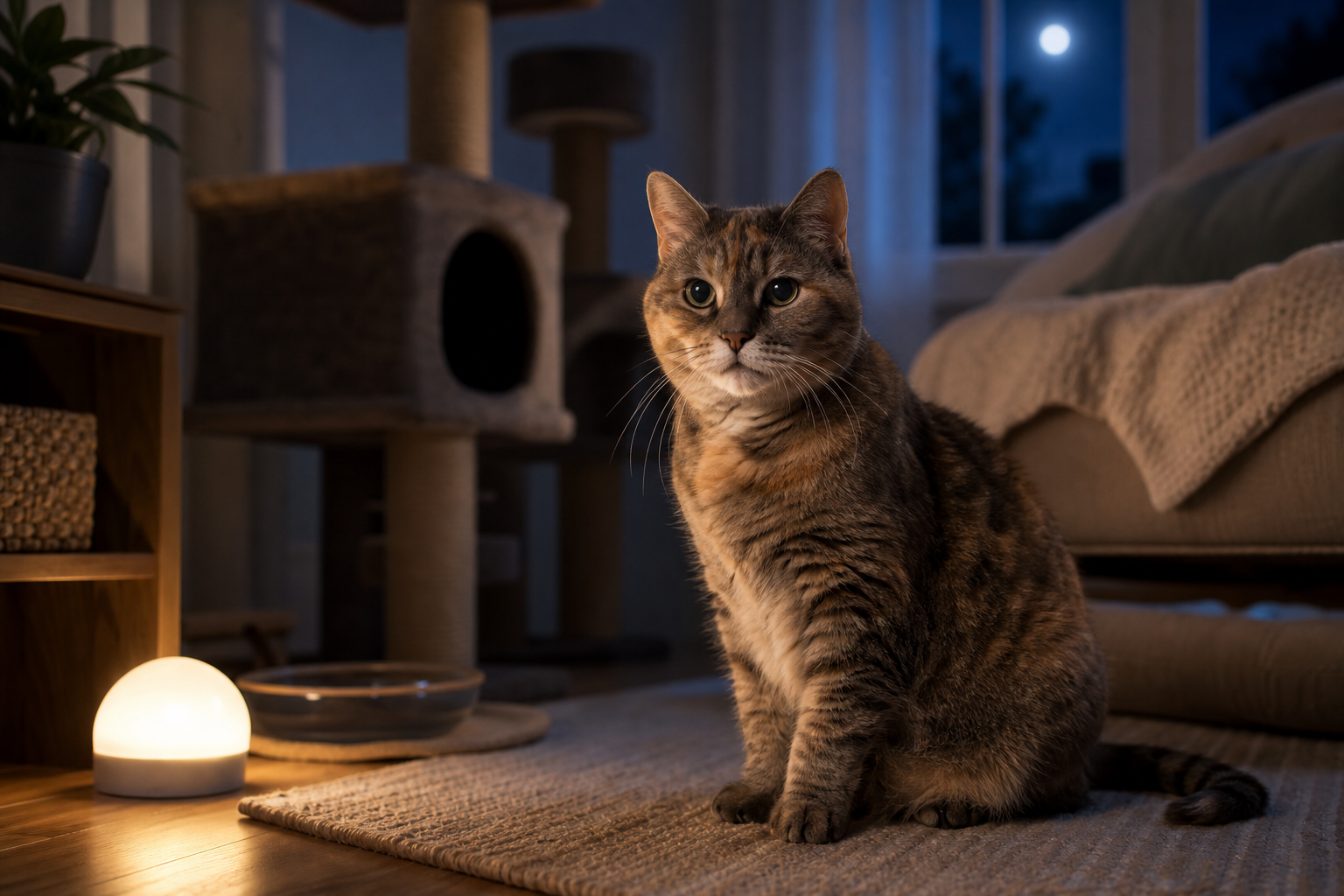 Senior tabby cat sitting awake near a soft nightlight in a calm cat-friendly living room at night.