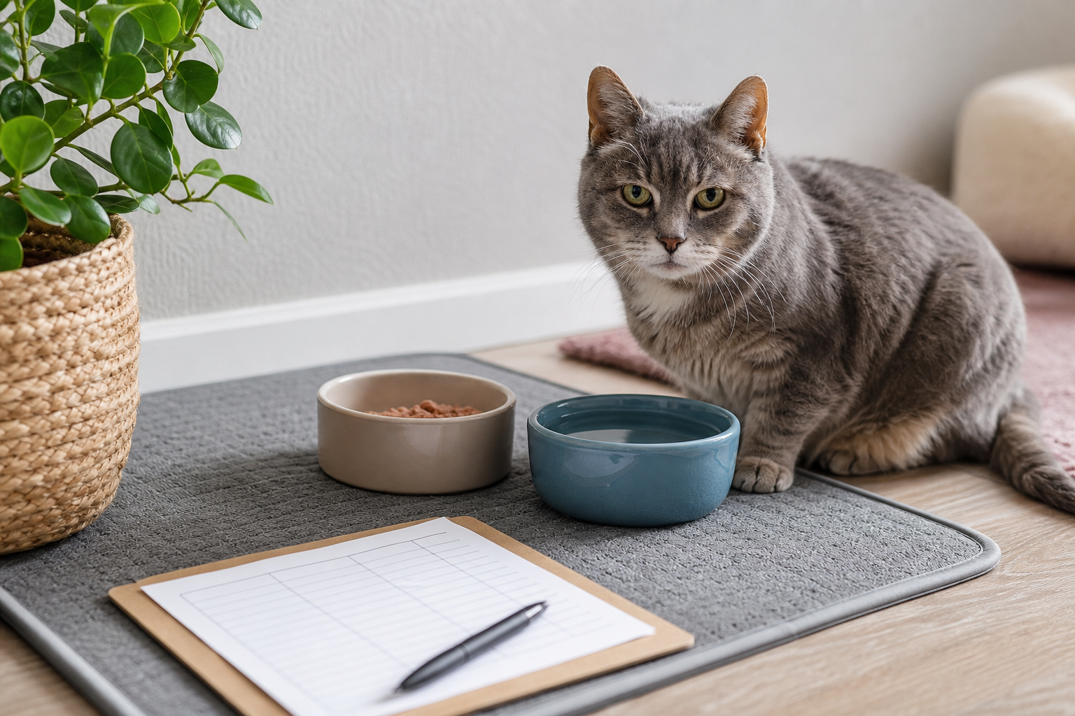 Senior cat beside a calm feeding station with a measured food bowl, water bowl, non-slip mat, and simple feeding log.