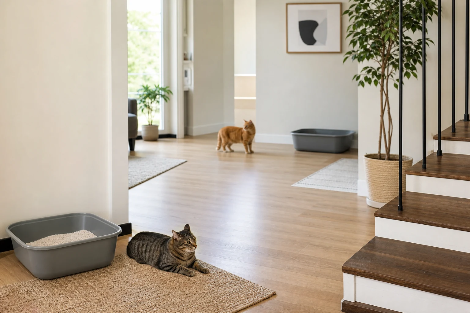 Two litter boxes in separate quiet locations in a multi-cat home