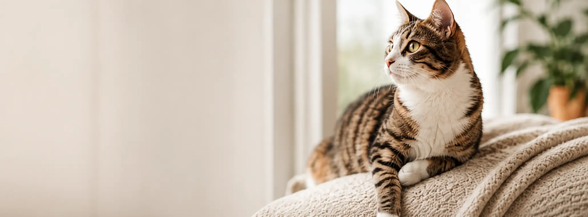 A tabby-and-white cat relaxing on a soft knitted blanket at home.