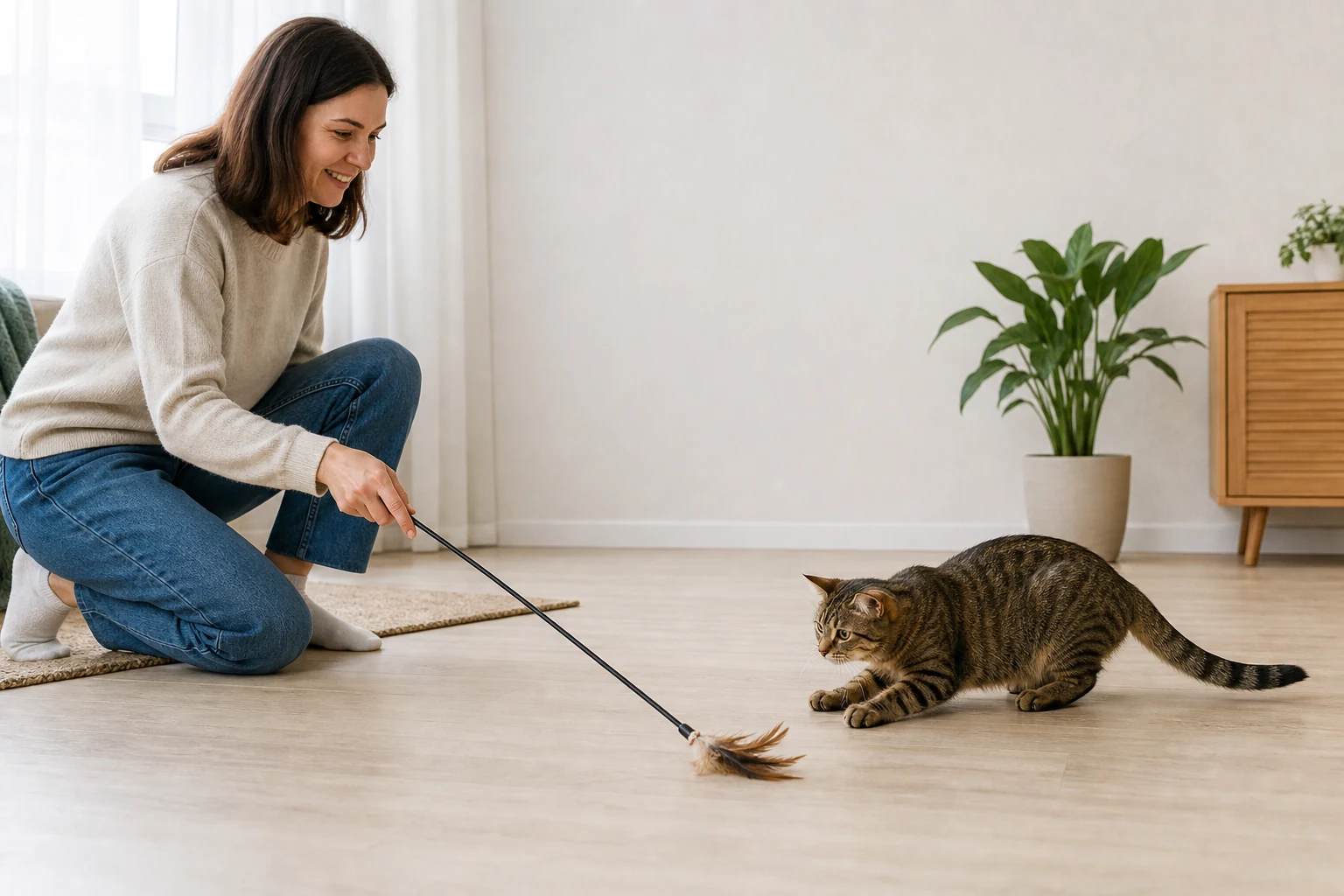 Caregiver moving a feather wand low across the floor for a crouching cat