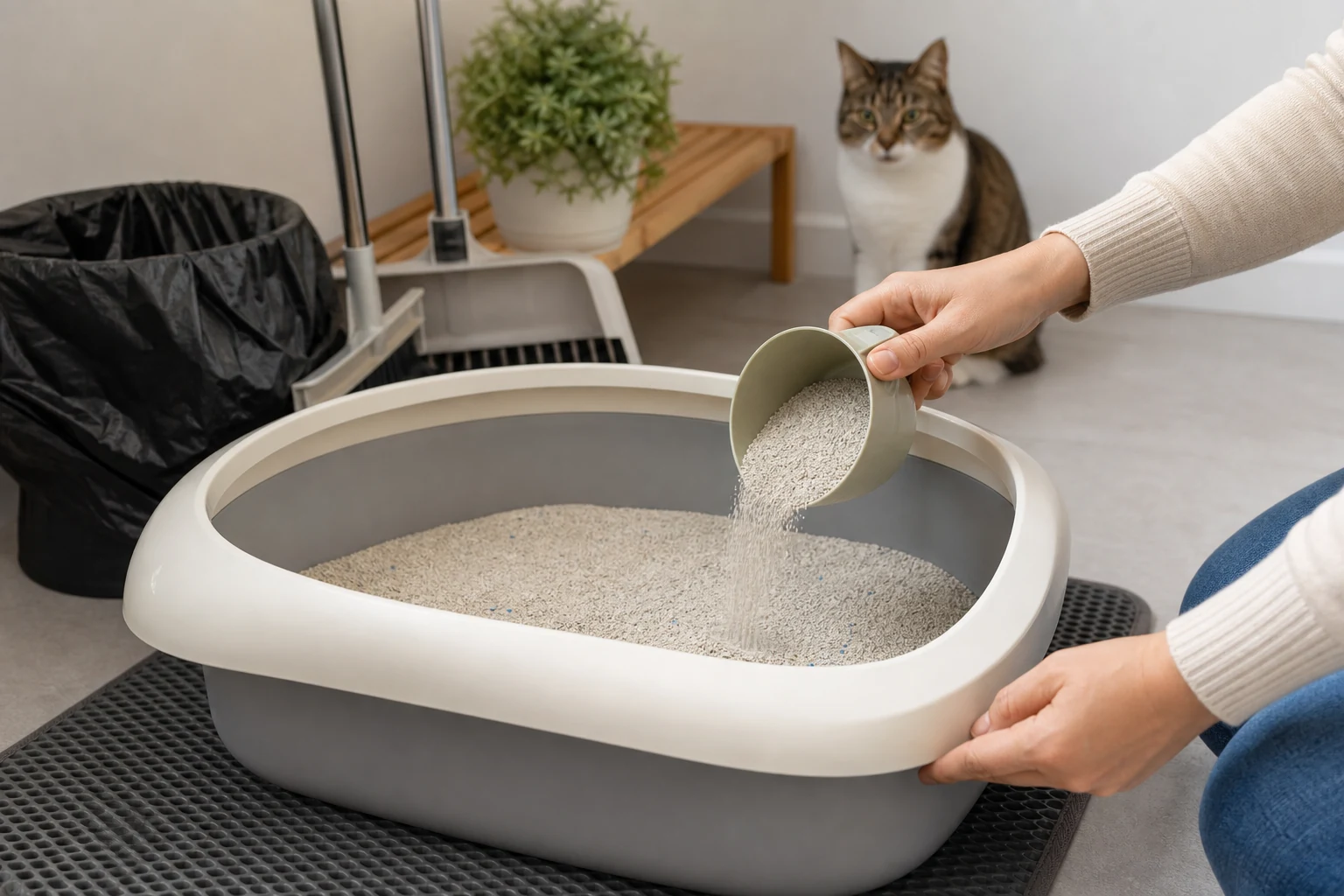 Caregiver topping up a clean litter box after scooping