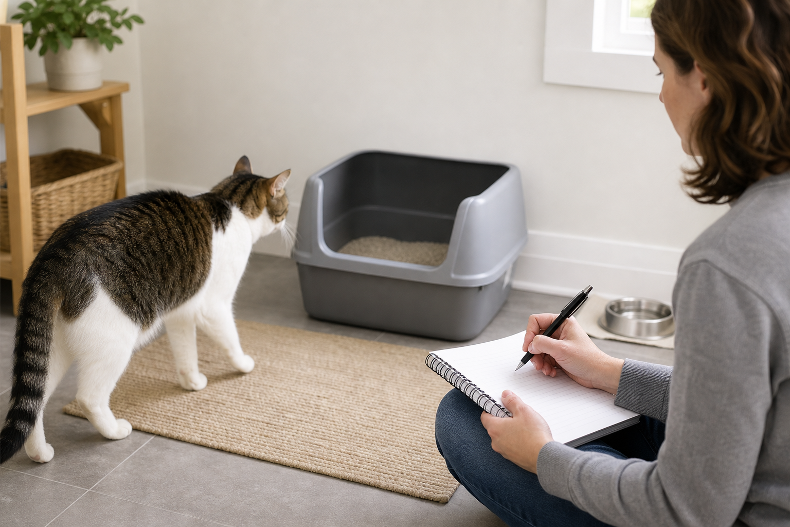 Cat parent recording urinary symptoms while an adult cat approaches a clean litter box.