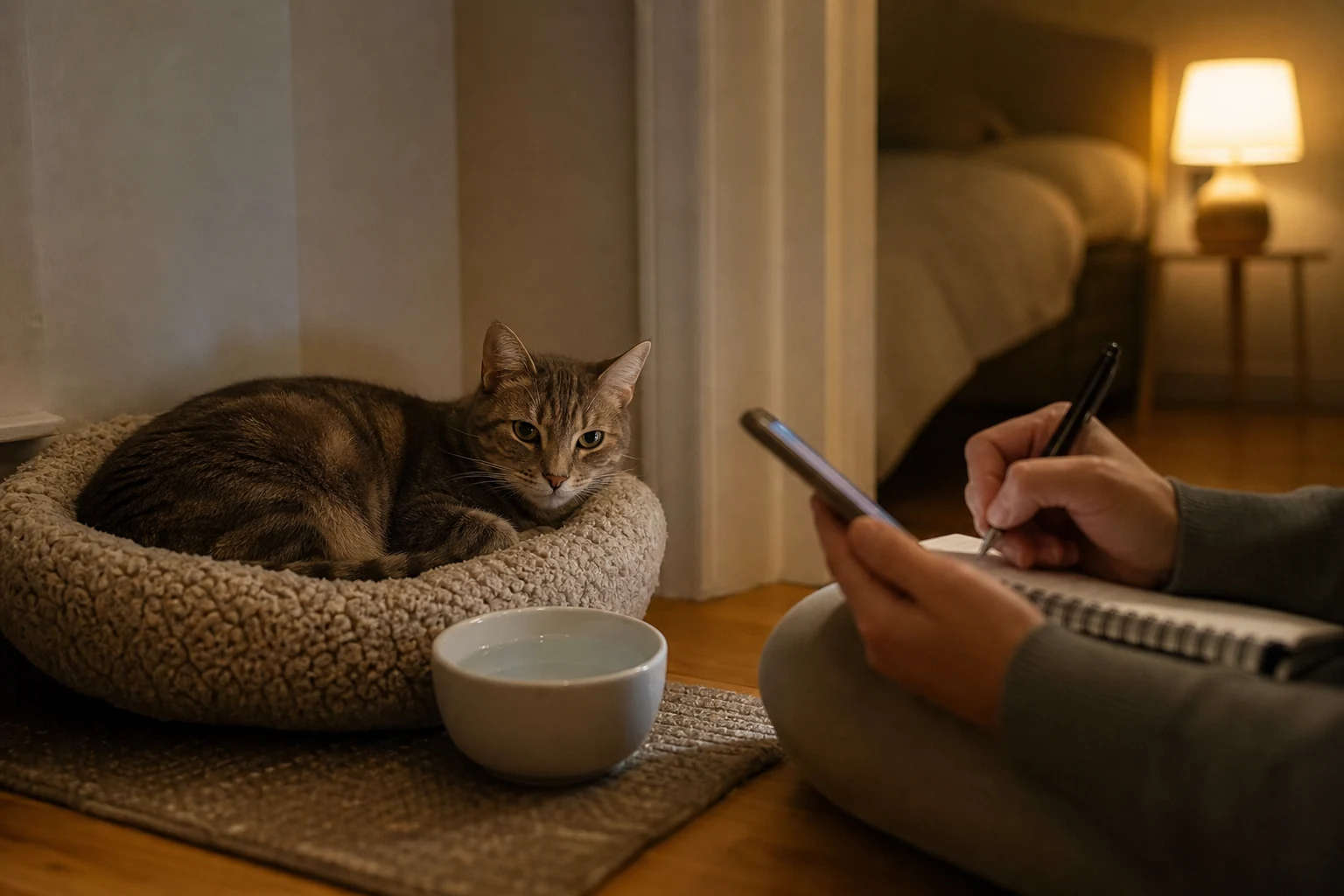 A cat parent quietly noting nighttime purring clues while a cat rests nearby.