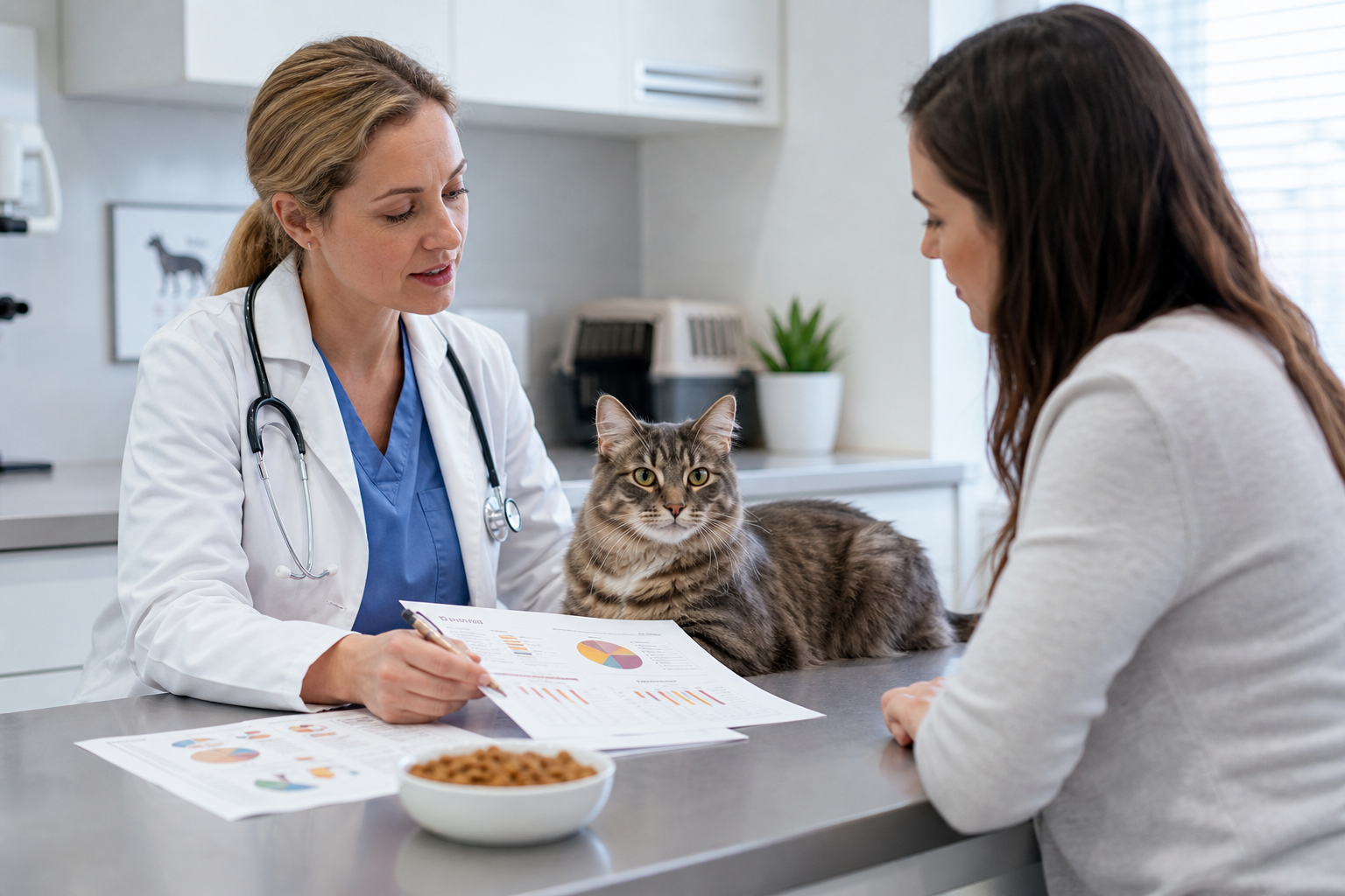 Veterinarian discussing cat nutrition with a cat parent while a calm cat rests on the exam table.