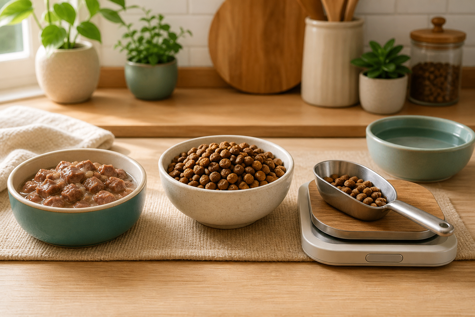 Bowls of wet and dry cat food with a measuring scoop and water bowl on a kitchen counter.
