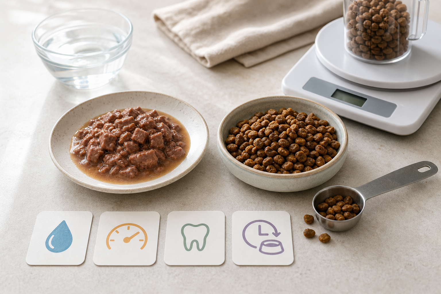 Measured wet and dry cat food portions beside a scale and water bowl.