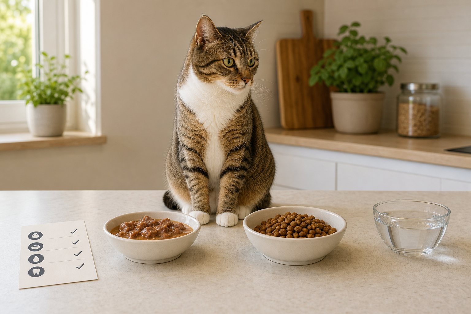 Tabby cat sitting between bowls of wet cat food, dry kibble, and fresh water on a bright kitchen counter.