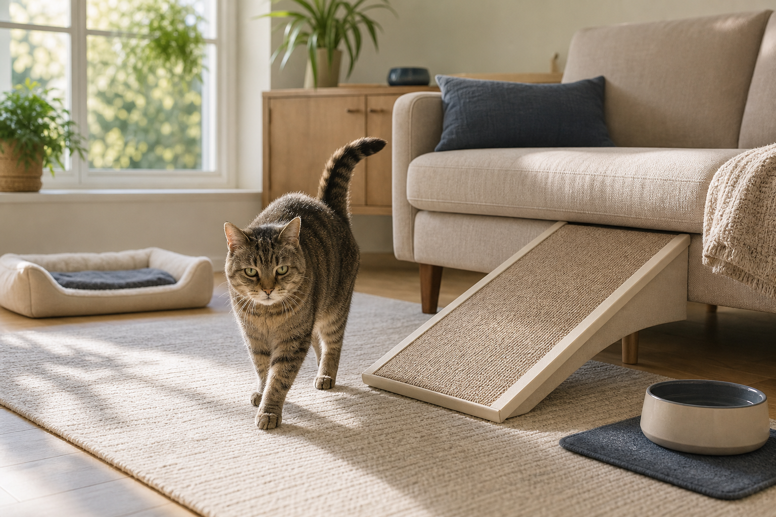 Senior tabby cat walking beside a carpeted ramp, soft bed, rug path, and water bowl in a calm living room.