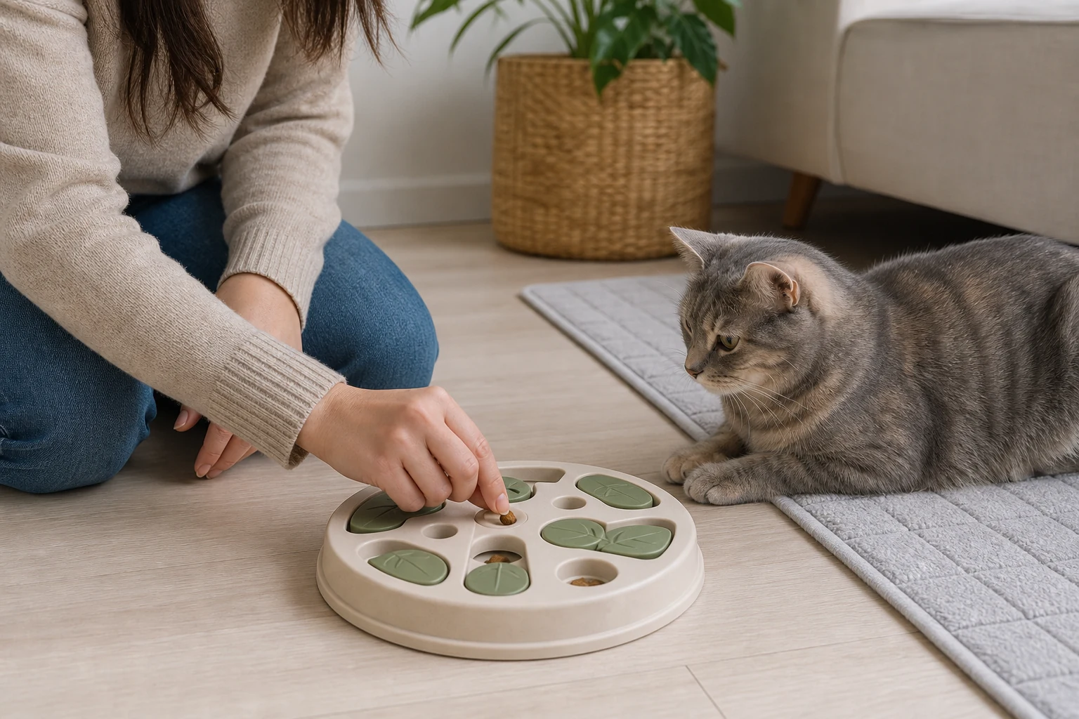 Cat parent placing a few pieces of kibble into an easy puzzle feeder while a relaxed gray cat watches.