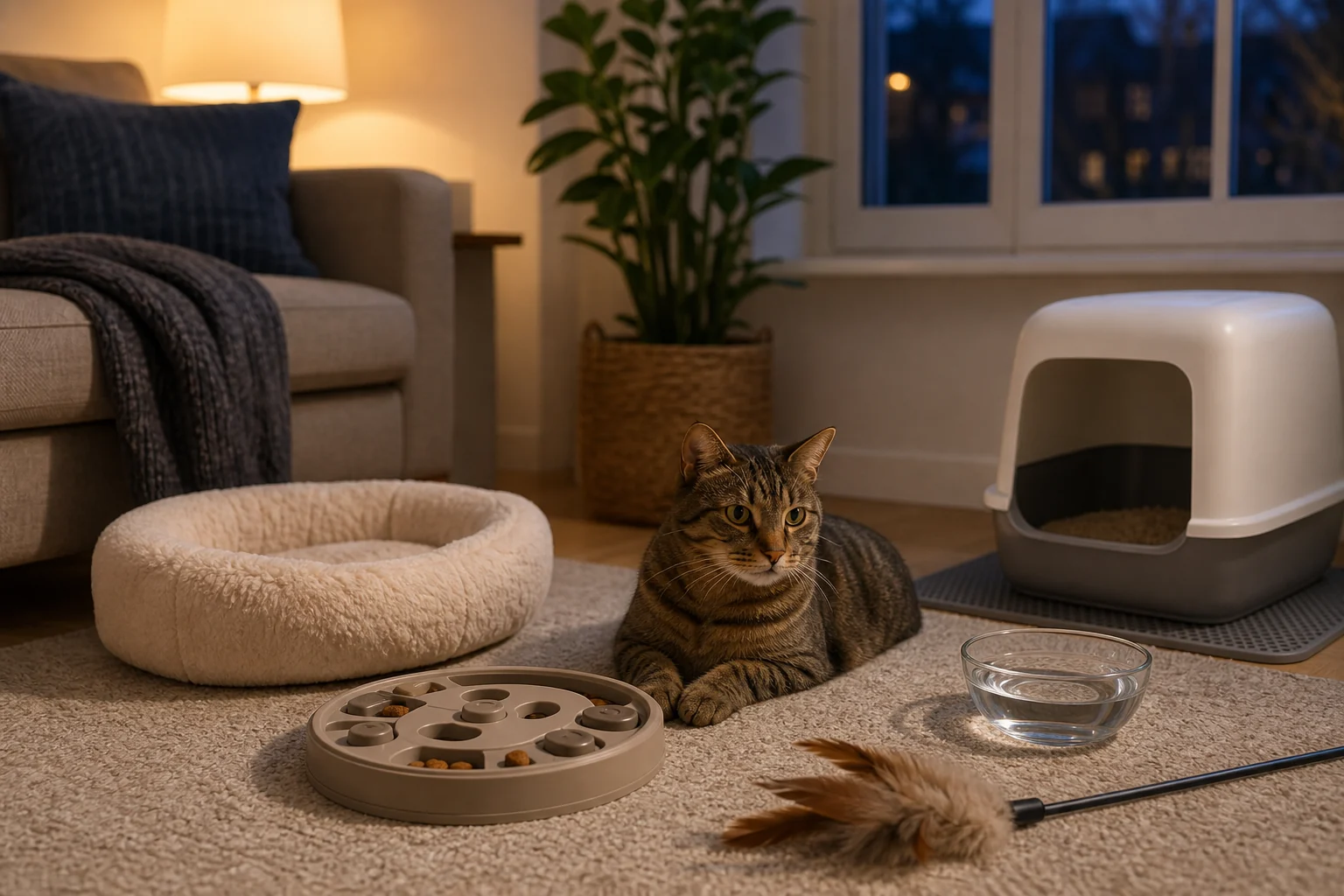 Relaxed tabby cat beside a puzzle feeder, wand toy, water bowl, bed, and clean litter access during an evening routine.