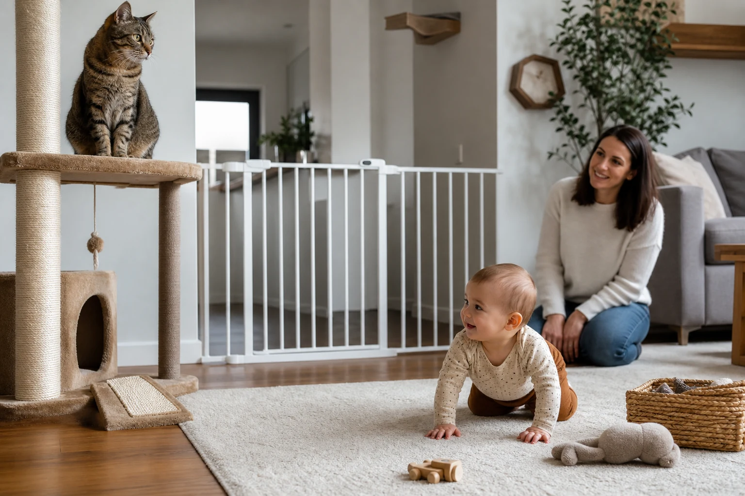 A tabby cat watches from a cat tree while a crawling baby plays at a safe distance with a parent supervising nearby.