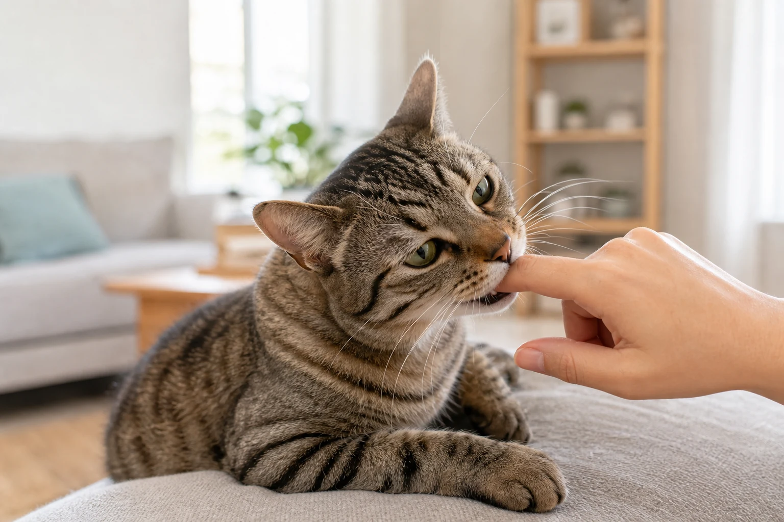 Un gato atigrado, muy relajado, que mordisquea suavemente la yema del dedo de una persona durante un momento de tranquilidad en el sofá
