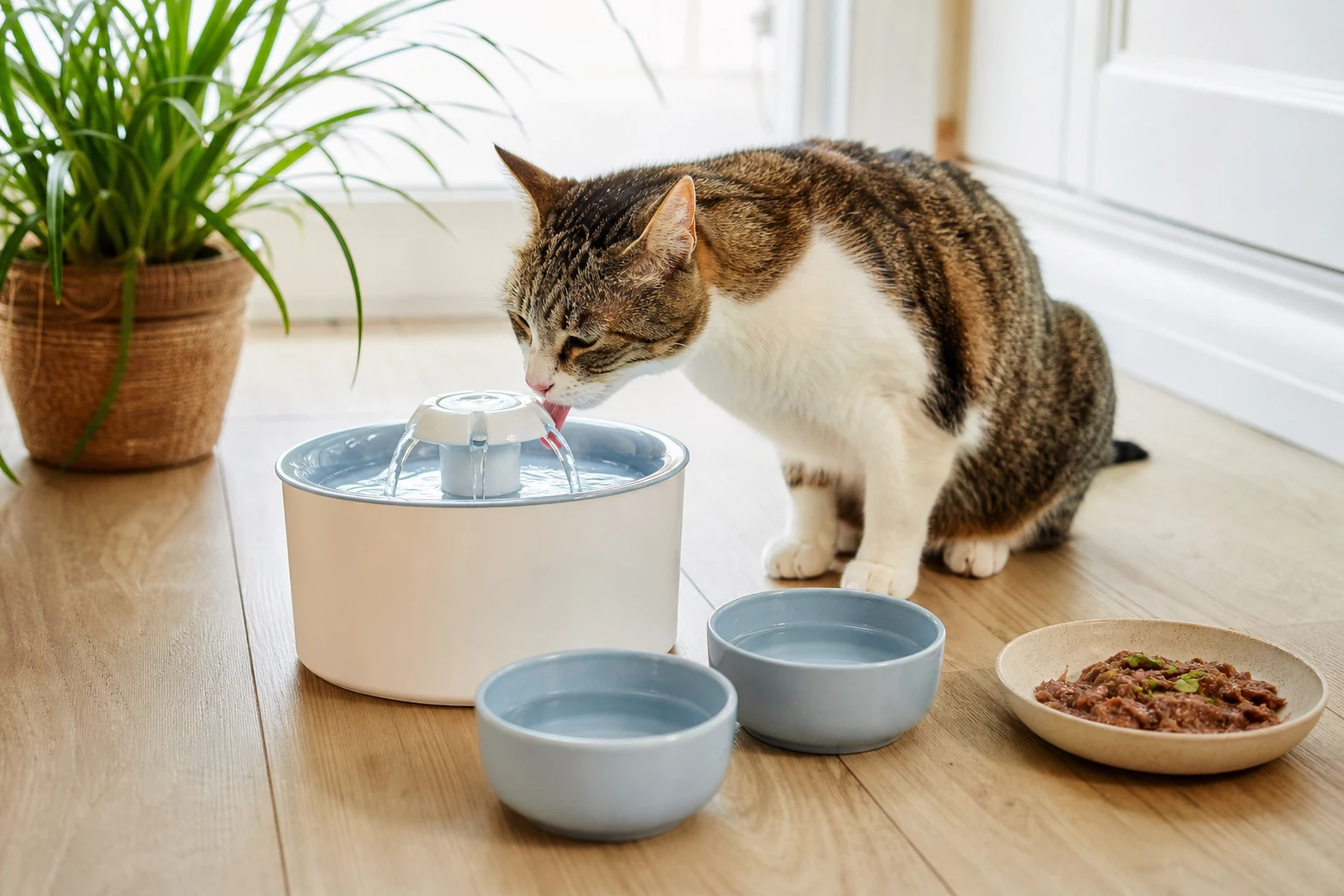 A cat drinking from a water fountain beside water bowls and wet food in a bright home feeding area.