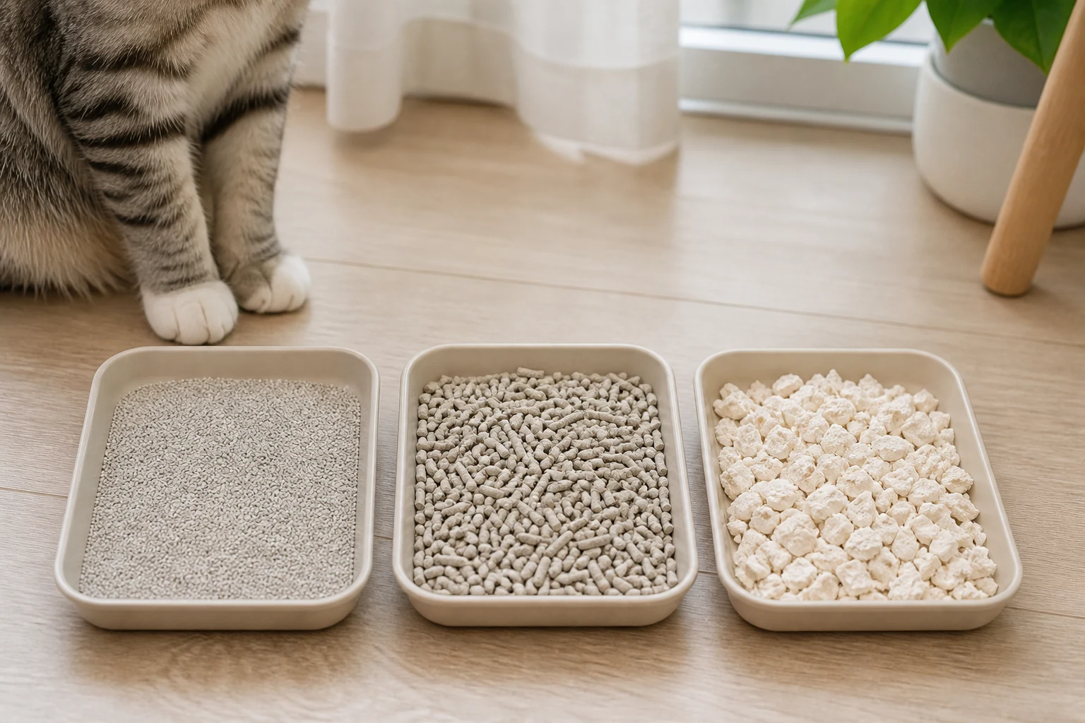 Three trays comparing fine clumping litter, larger pellets, and soft paper-style cat litter textures