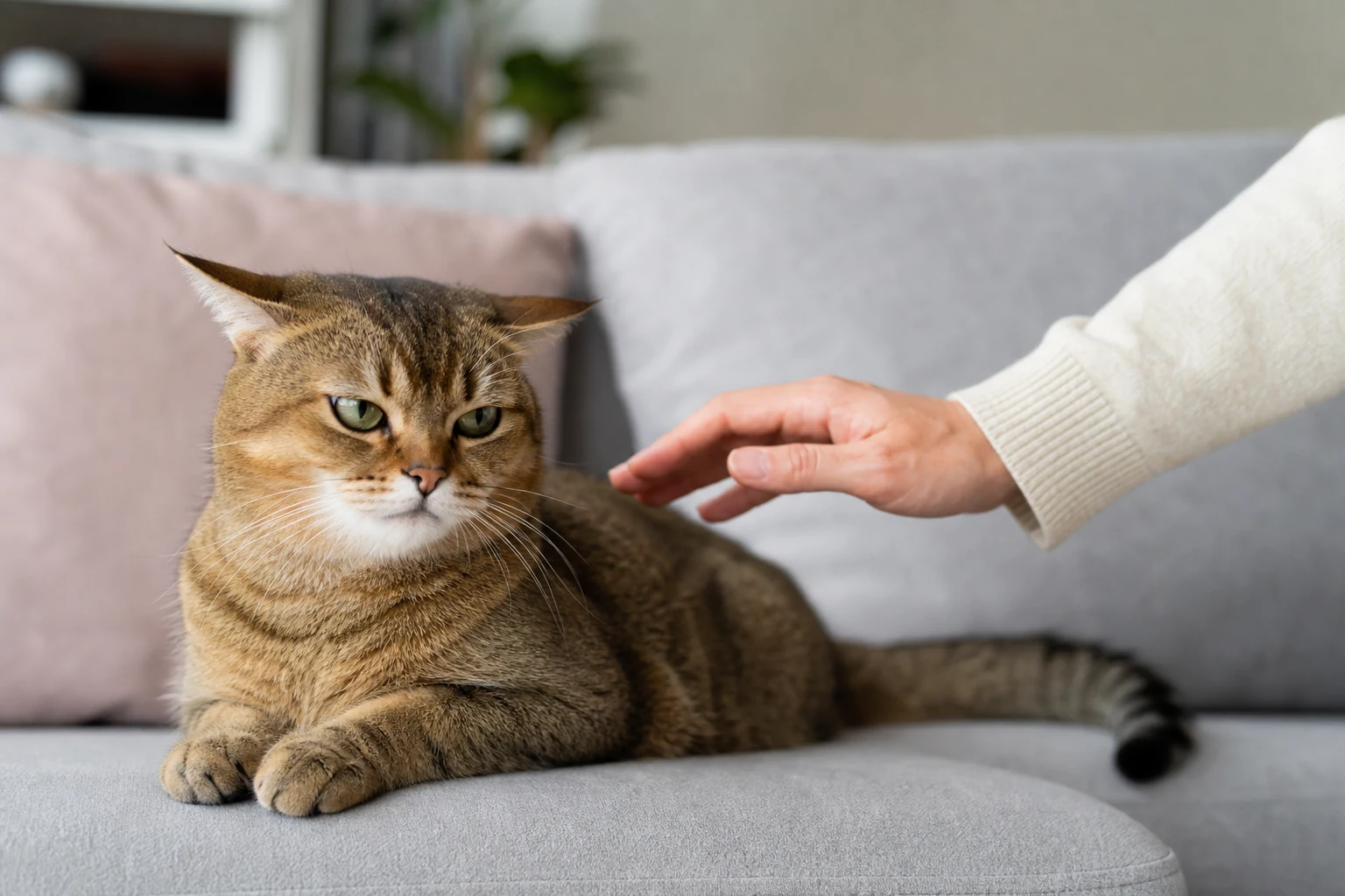 A cat showing subtle overstimulation cues while a hand pauses nearby