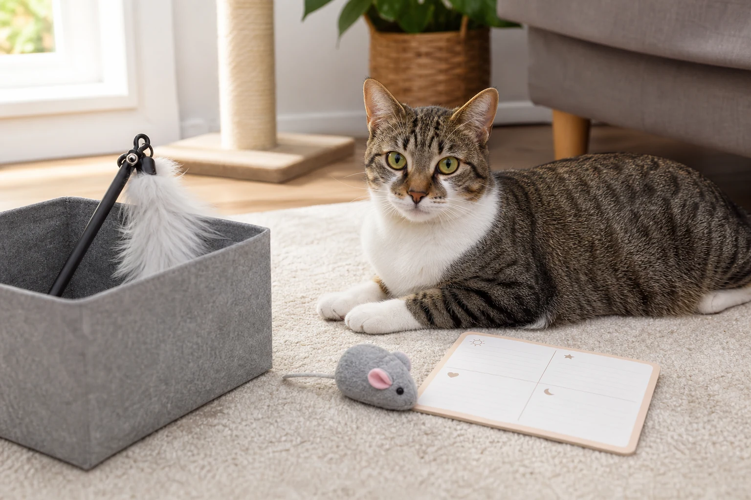 A cat beside a stored wand toy, toy mouse, scratching post, and daily routine notebook.