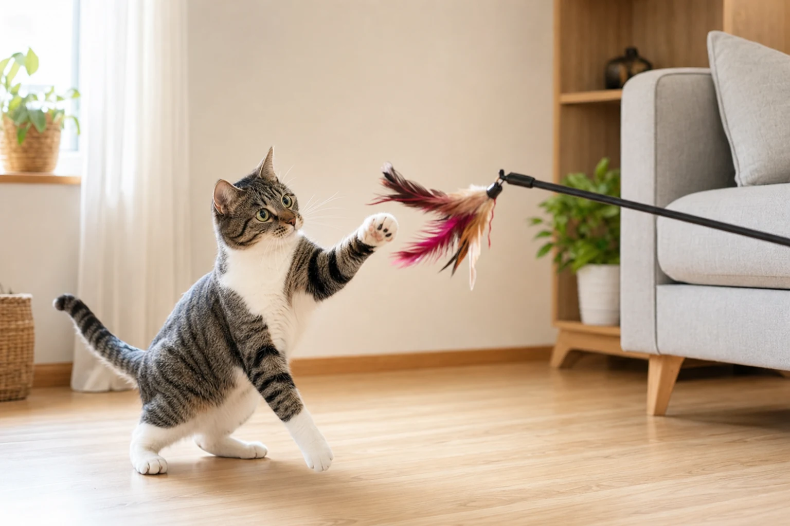 A tabby cat playing with a feather wand toy in a safe indoor living room.