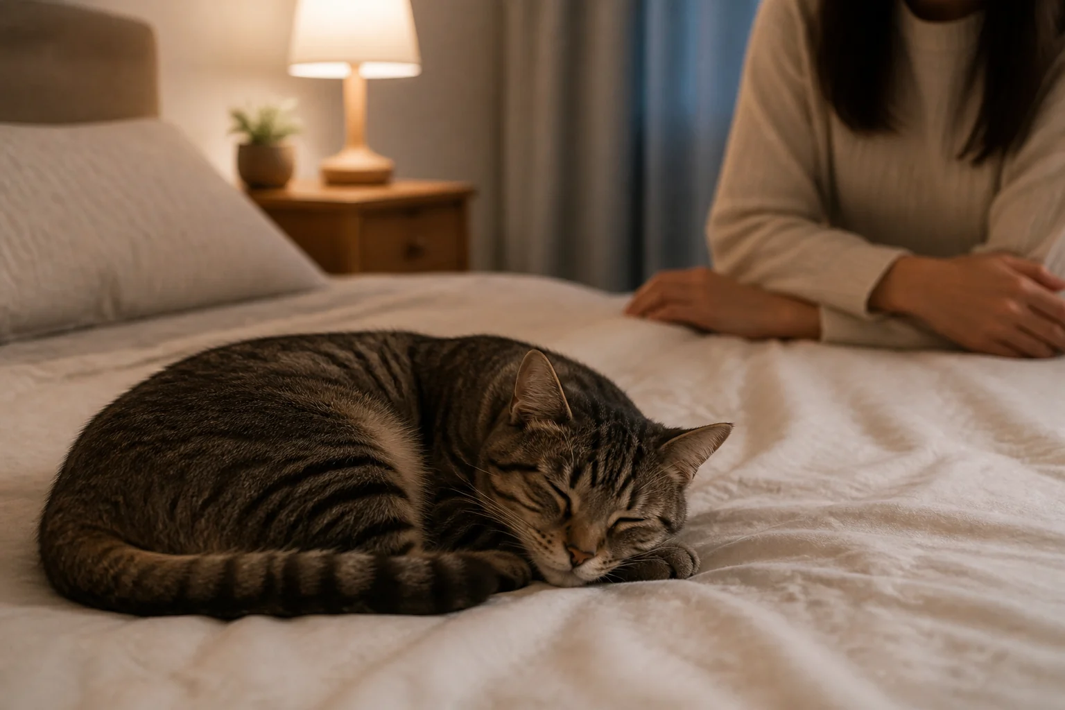 Relaxed tabby cat sleeping on a bed at night while a cat parent quietly observes from nearby.