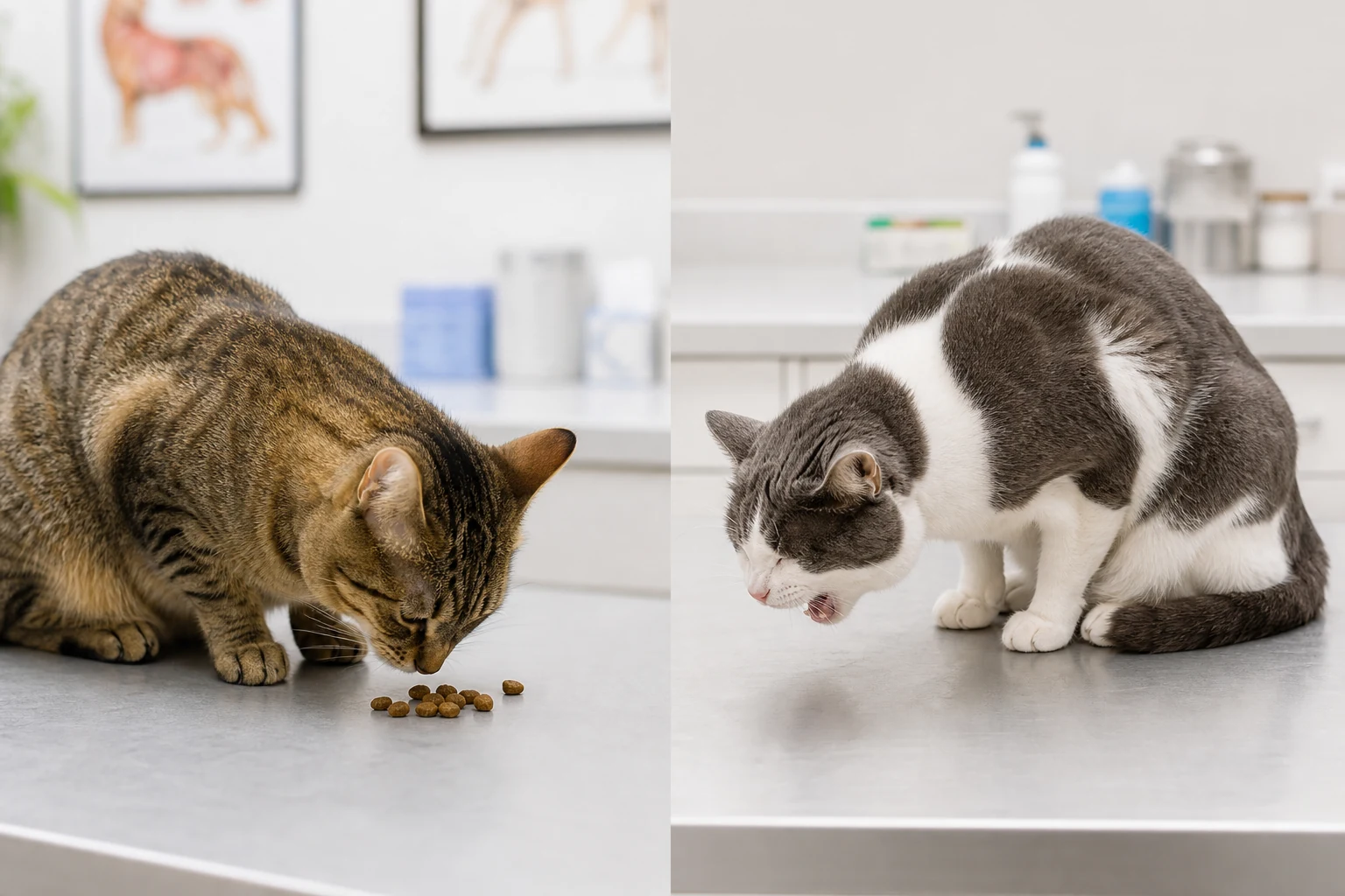 Side-by-side educational scene comparing a calm cat after passive food return with a crouched cat showing active abdominal effort.