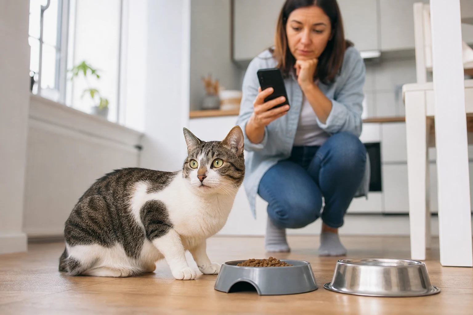 Concerned cat parent watching an alert cat near a food bowl in a clean home feeding area.