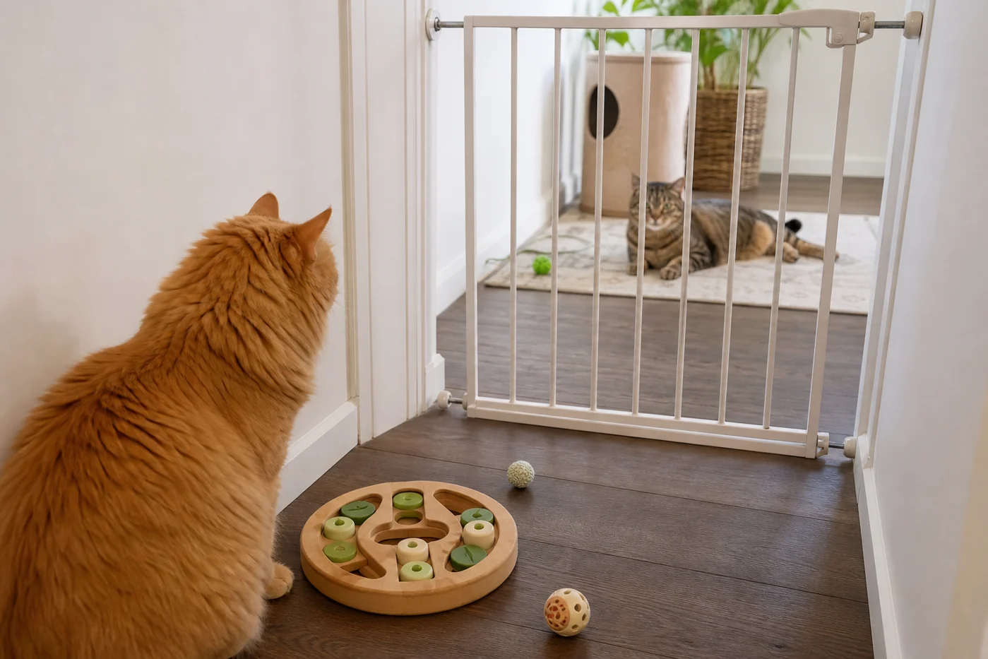 Two calm cats sit on opposite sides of a baby gate with treats and toys during a slow reintroduction after conflict.