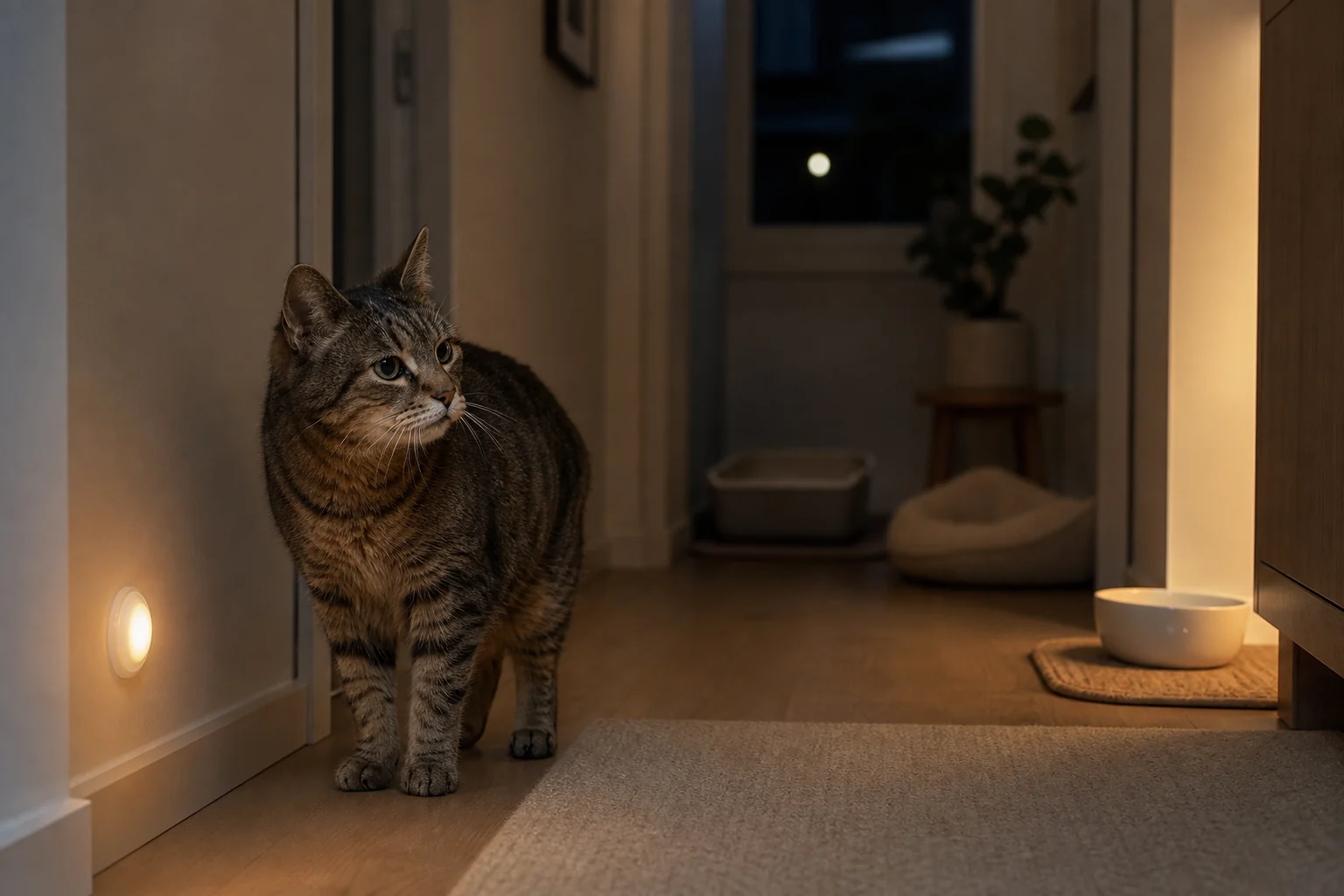 Senior tabby cat standing awake in a softly lit hallway at night with water and litter access nearby.