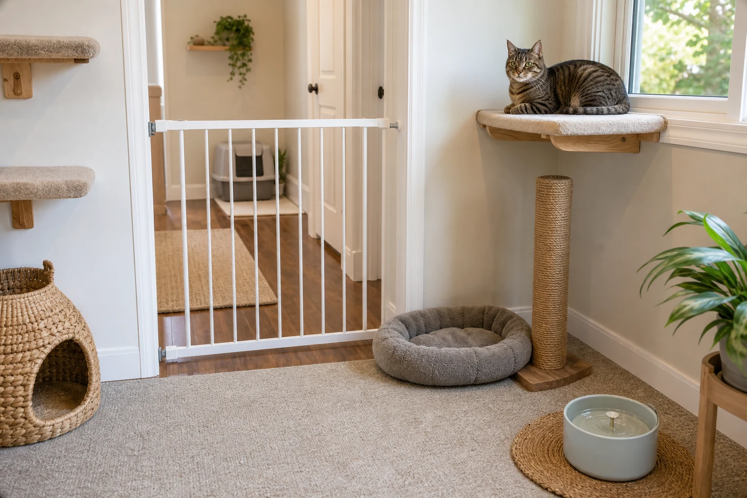 A cat-only safe zone with a baby gate, elevated perch, scratching post, water bowl, and quiet resting space.