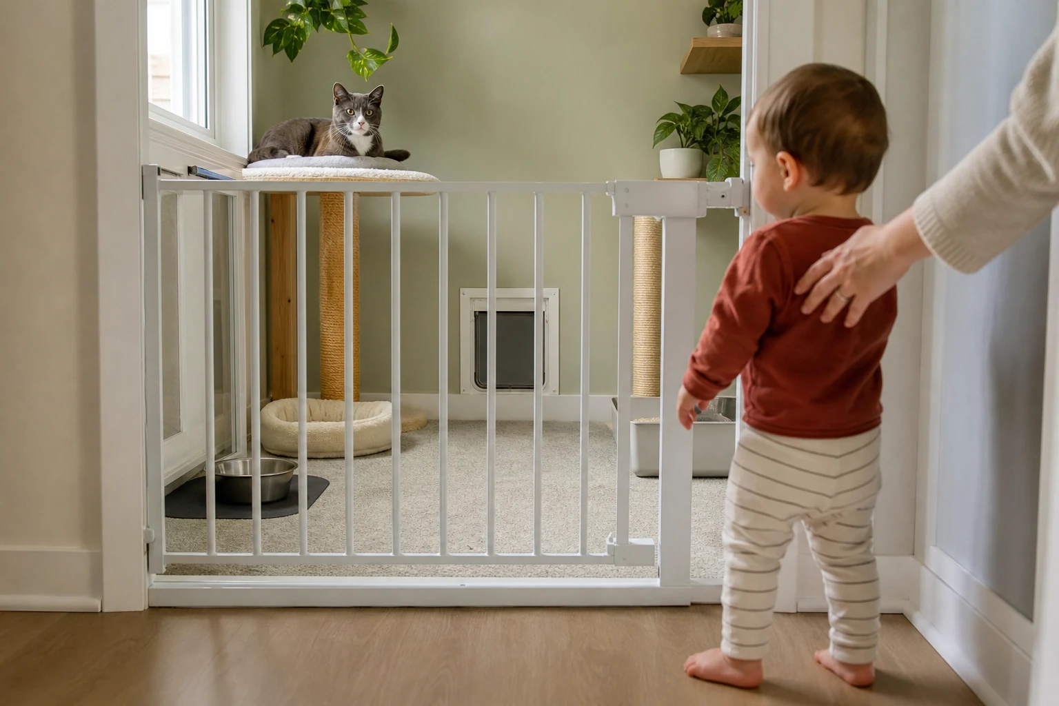 A cat rests on a perch inside a gated child-free room with water, a bed, scratching post, and litter access.