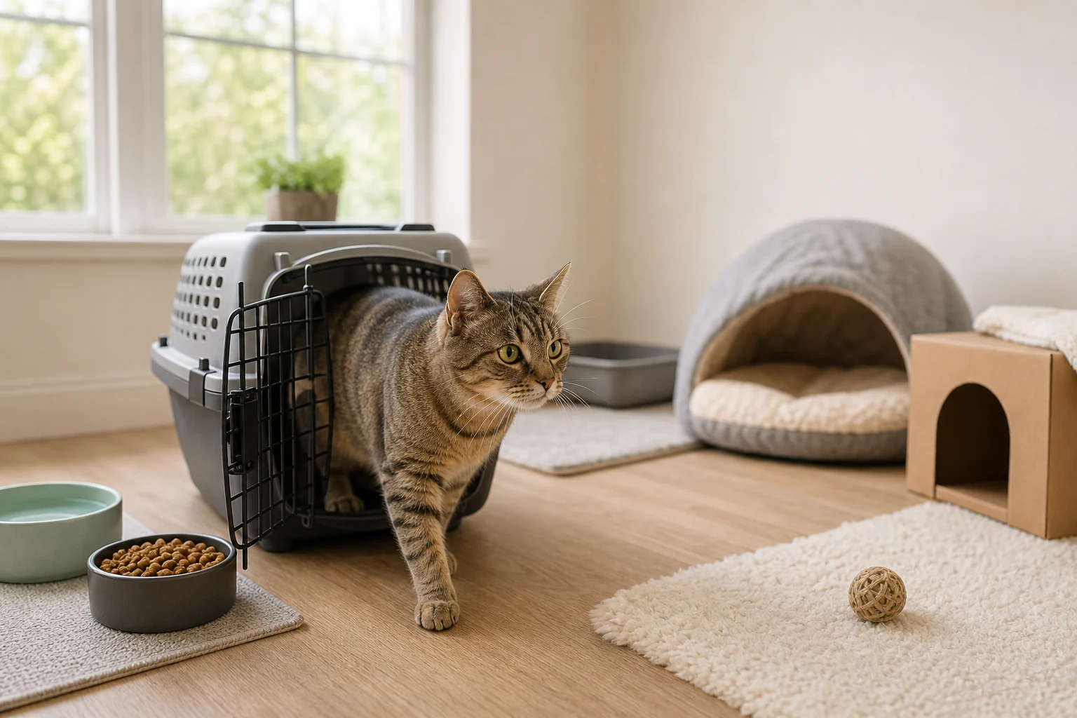 Tabby cat stepping out of an open carrier into a quiet safe room with food, water, bedding, and hiding spaces