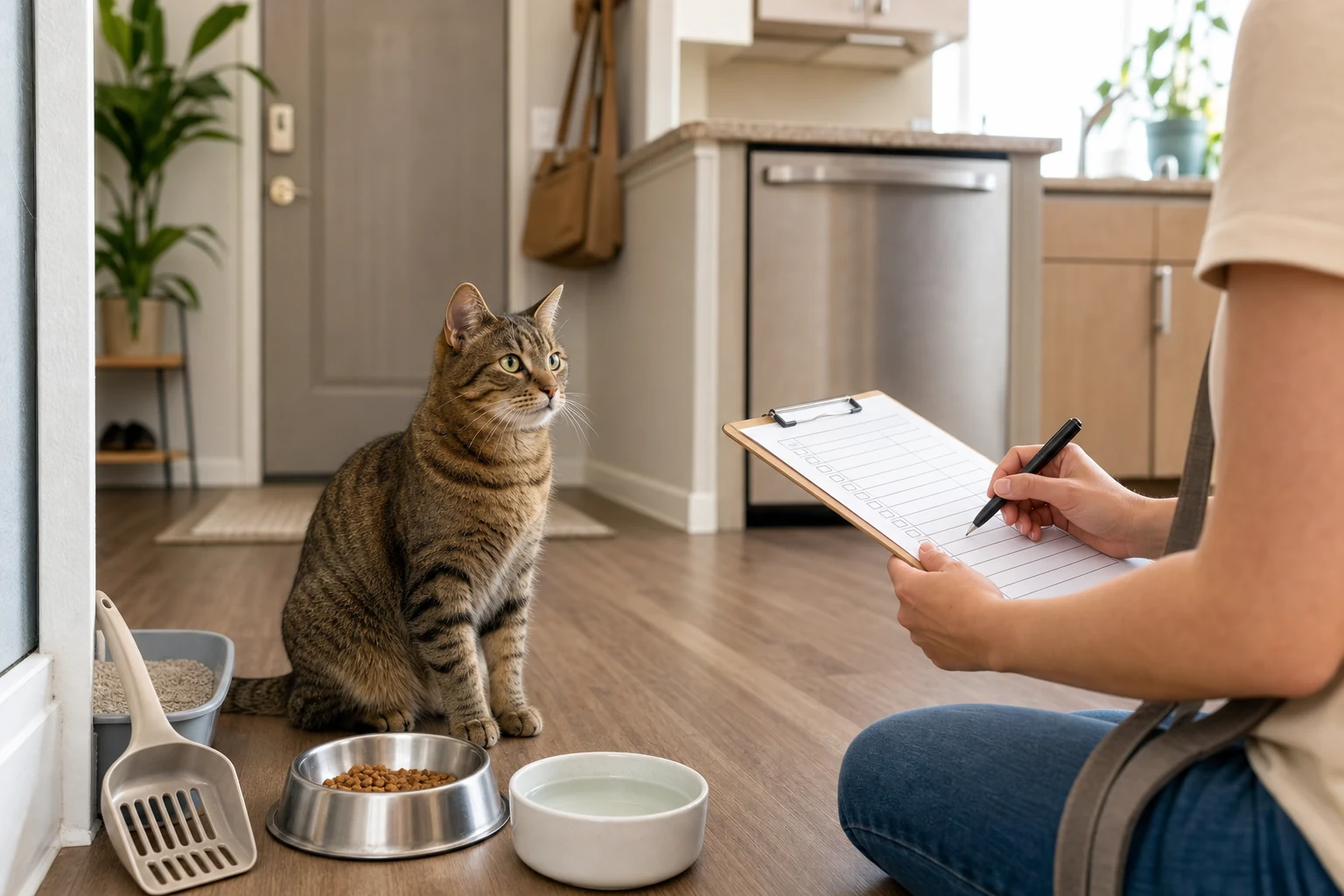 A calm tabby cat sits near food, water, litter supplies, and a cat sitter holding a checklist in a tidy home.