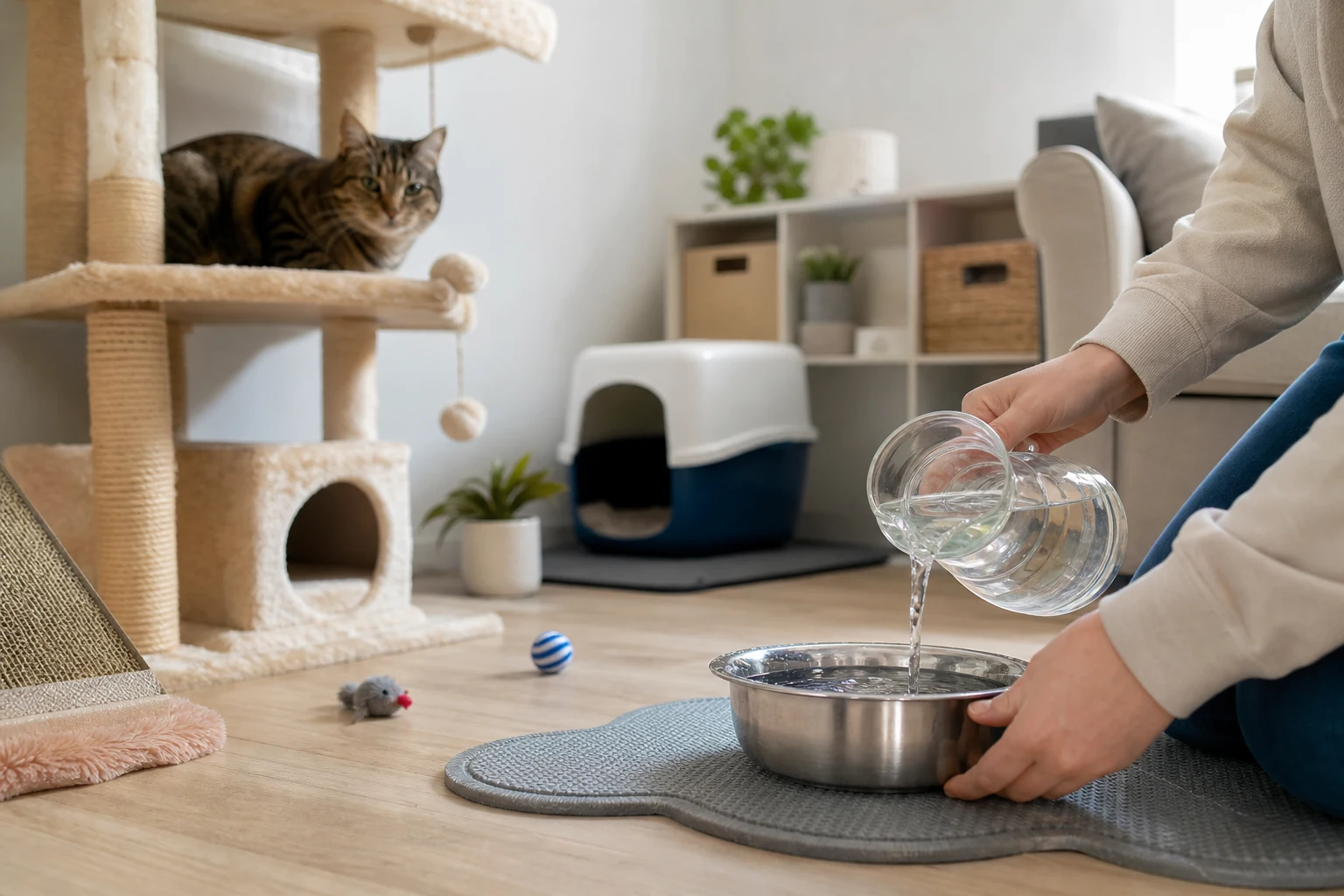 Cat sitter refreshing a water bowl during a daily visit