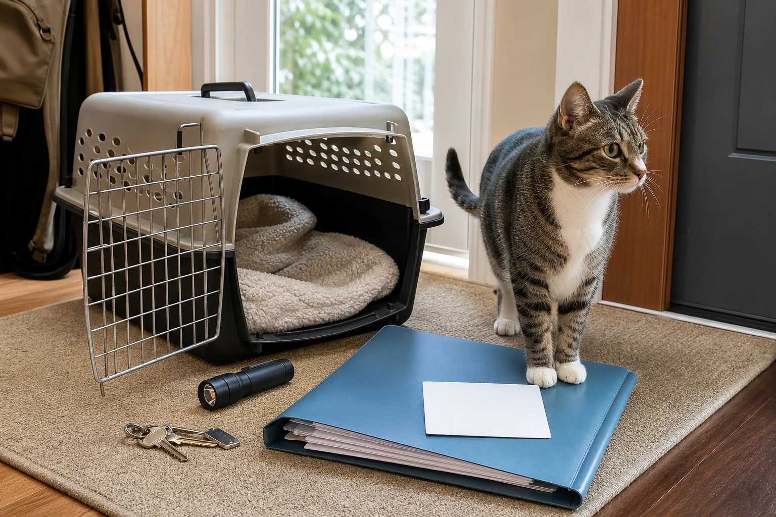 Cat carrier, vet folder, keys, flashlight, and blank emergency card prepared for a sitter
