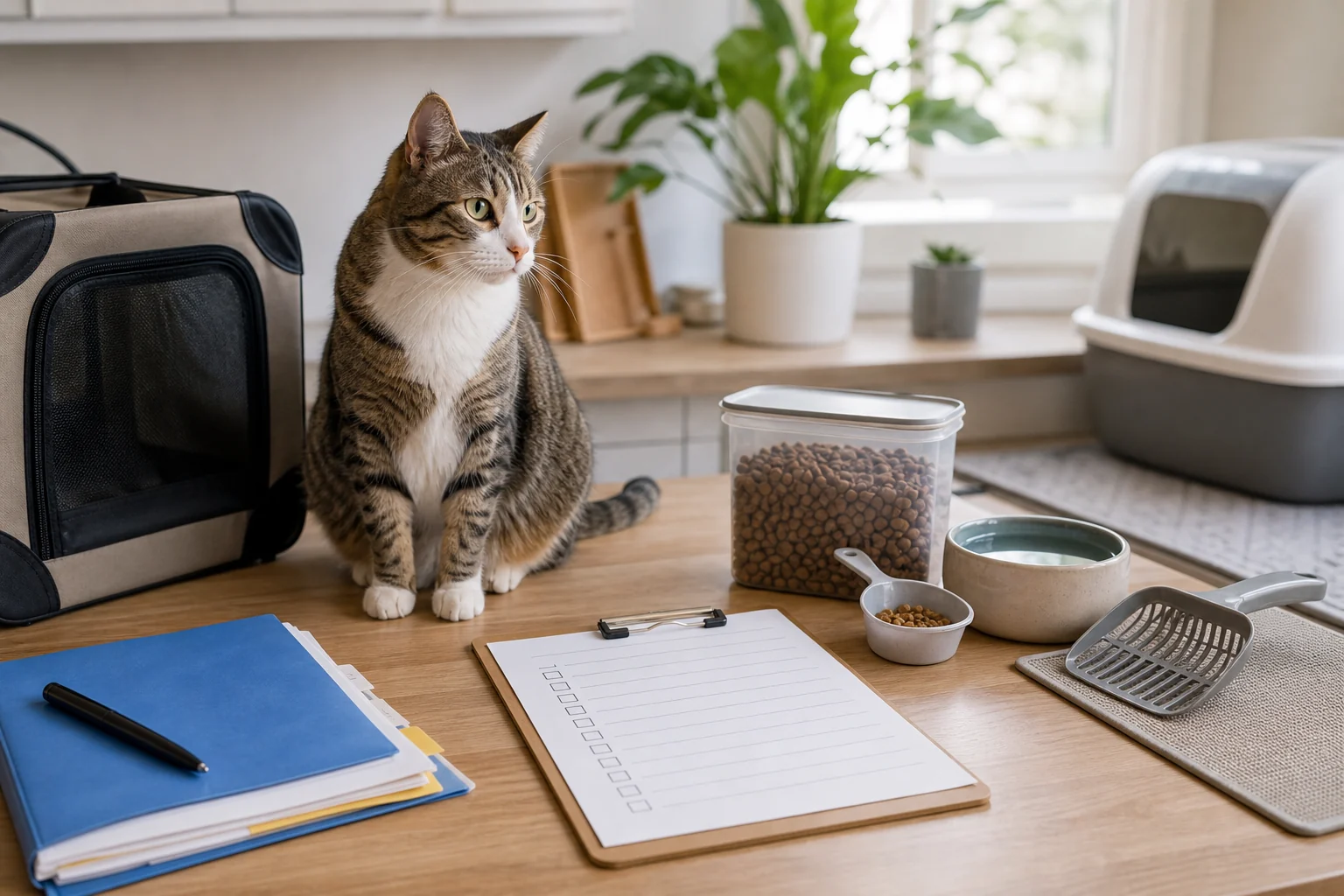 A calm tabby cat sits beside a clipboard, food container, water bowl, litter scoop, carrier, and vet record folder in a tidy home.